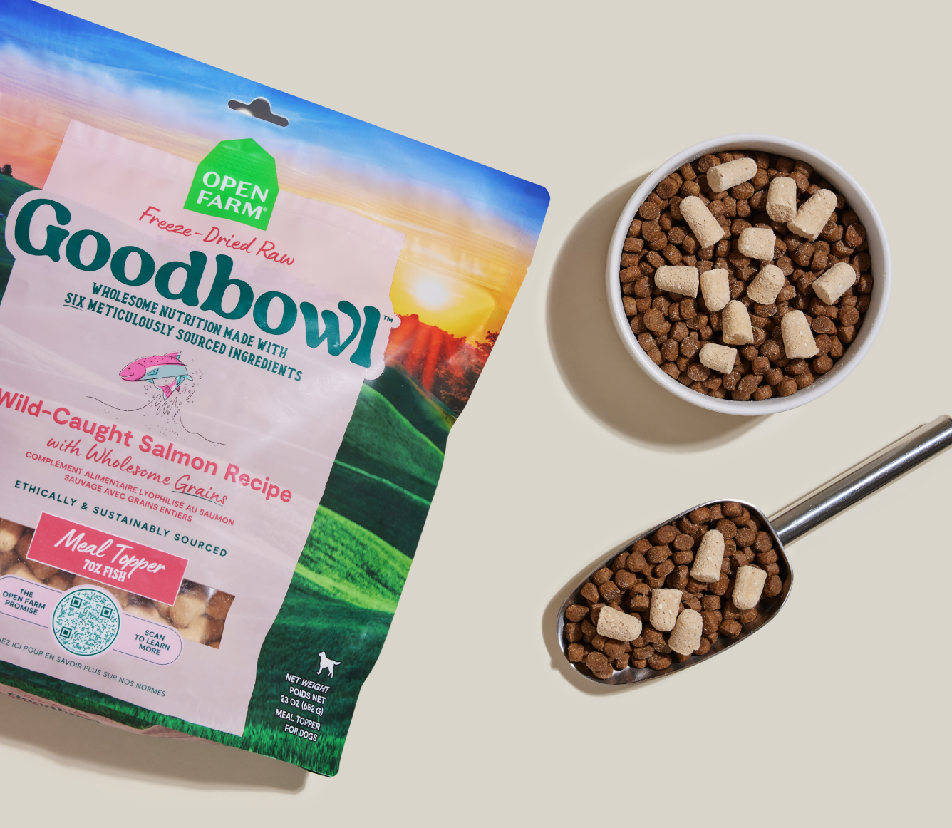 Open Farm Goodbowl Wild-Caught Salmon morsels mixed in a bowl and measuring scoop