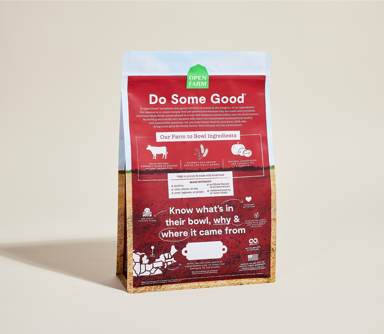 Open Farm Grass-Fed Beef & Ancient Grains Dog Kibble back of bag with ingredients and feeding guide