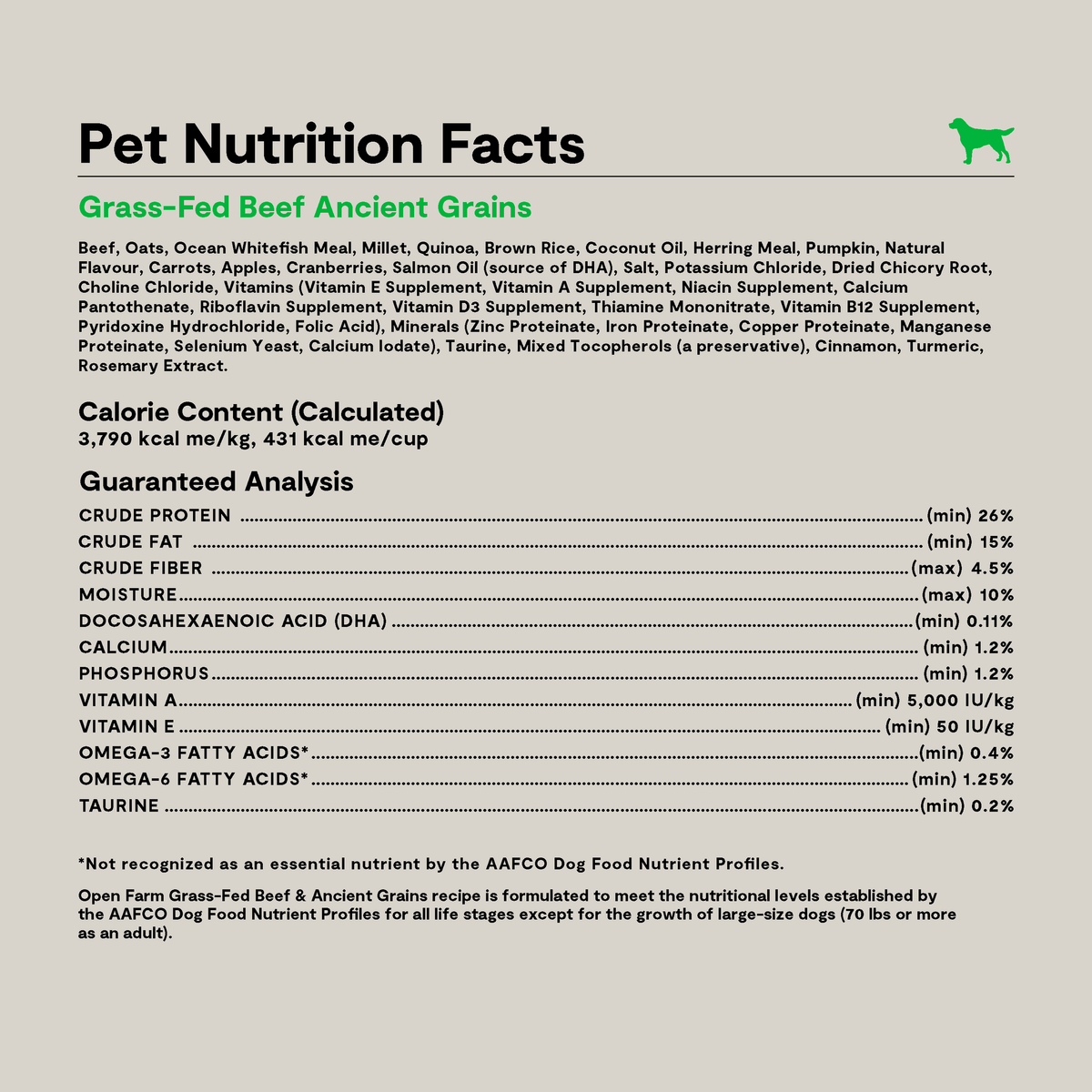 Open Farm Grass-Fed Beef & Ancient Grains Dog Kibble -- pet nutrition facts panel with ingredients and guaranteed analysis
