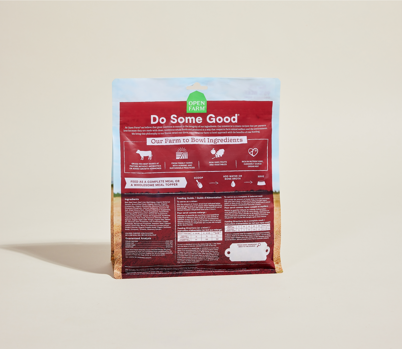 Open Farm Grass-Fed Beef Freeze Dried Raw Morsels bag back with ingredients and feeding guide