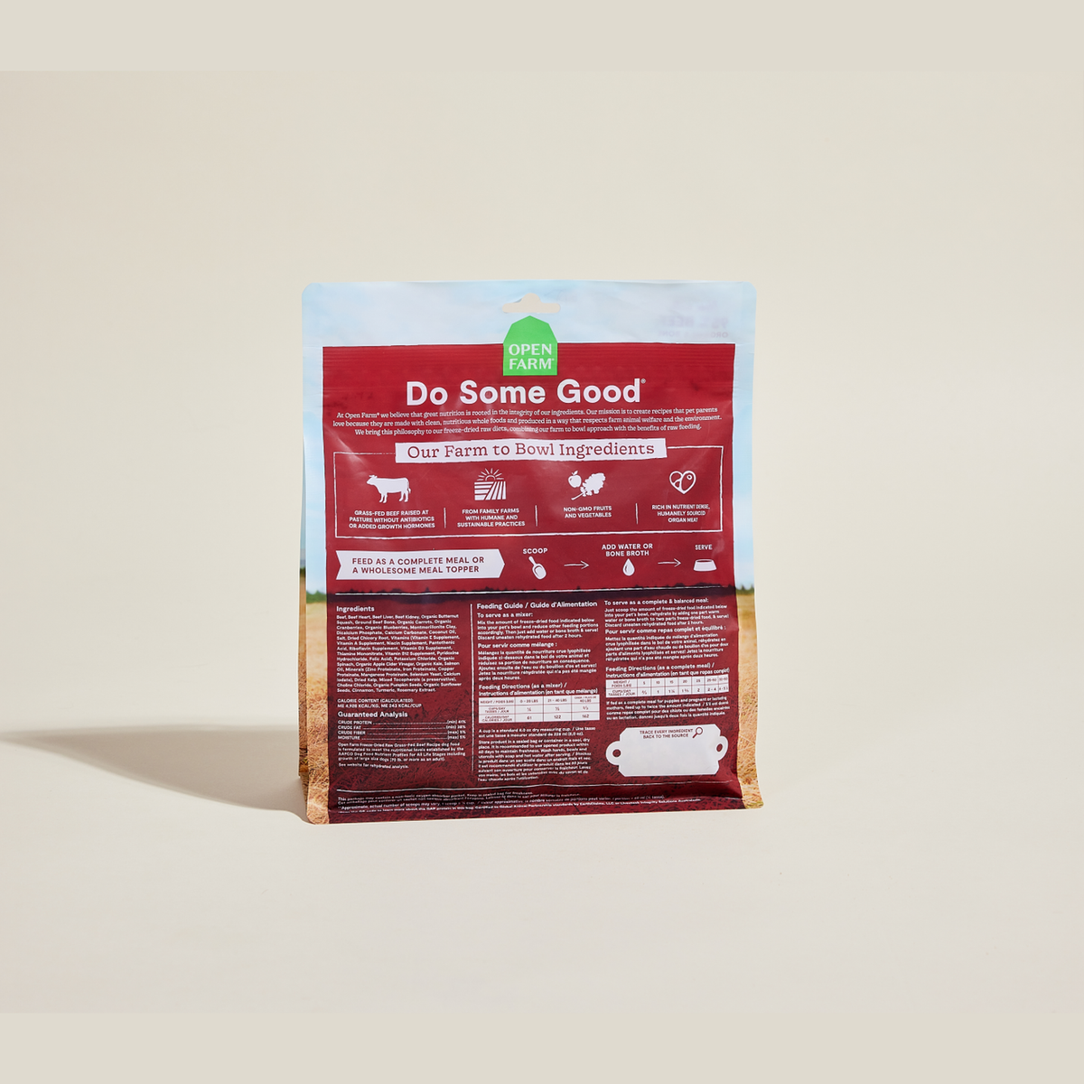 Open Farm Grass-Fed Beef Freeze Dried Raw Morsels for Dogs -- open farm grass-fed beef freeze dried raw morsels bag back with ingredients and feeding guide