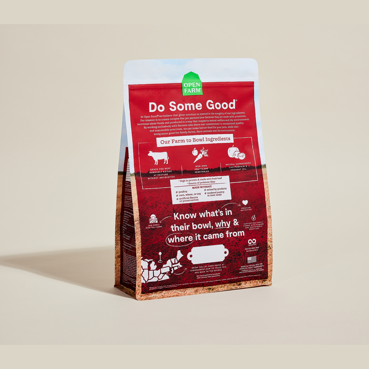 Open Farm Grass-Fed Beef Grain-Free Dog Kibble -- back of bag with ingredients and feeding guide