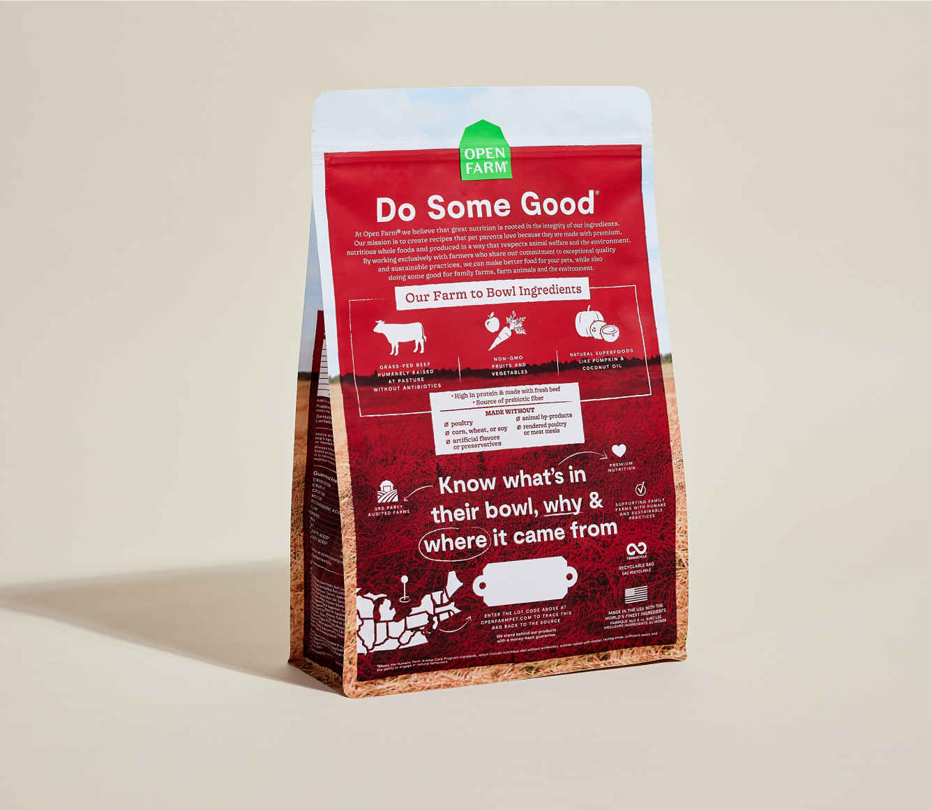 Open Farm Grass-Fed Beef Grain-Free Dog Kibble back of bag with ingredients and feeding guide