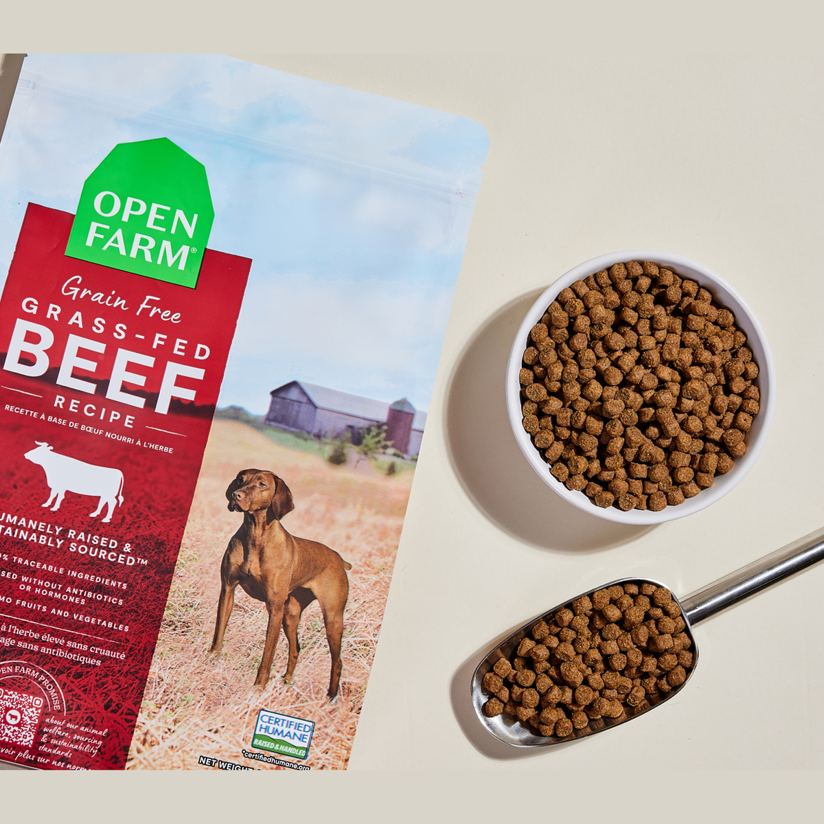 Open Farm Grass-Fed Beef Grain-Free Dog Kibble -- kibble in a bowl with a serving scoop
