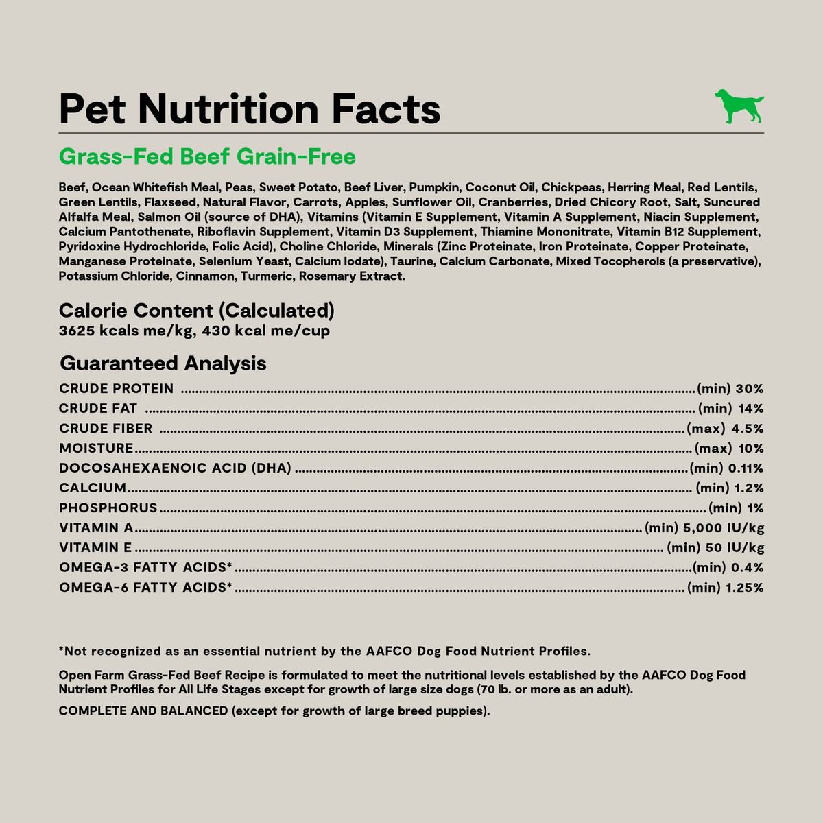 Open Farm Grass-Fed Beef Grain-Free Dog Kibble -- pet nutrition facts panel with ingredients and guaranteed analysis