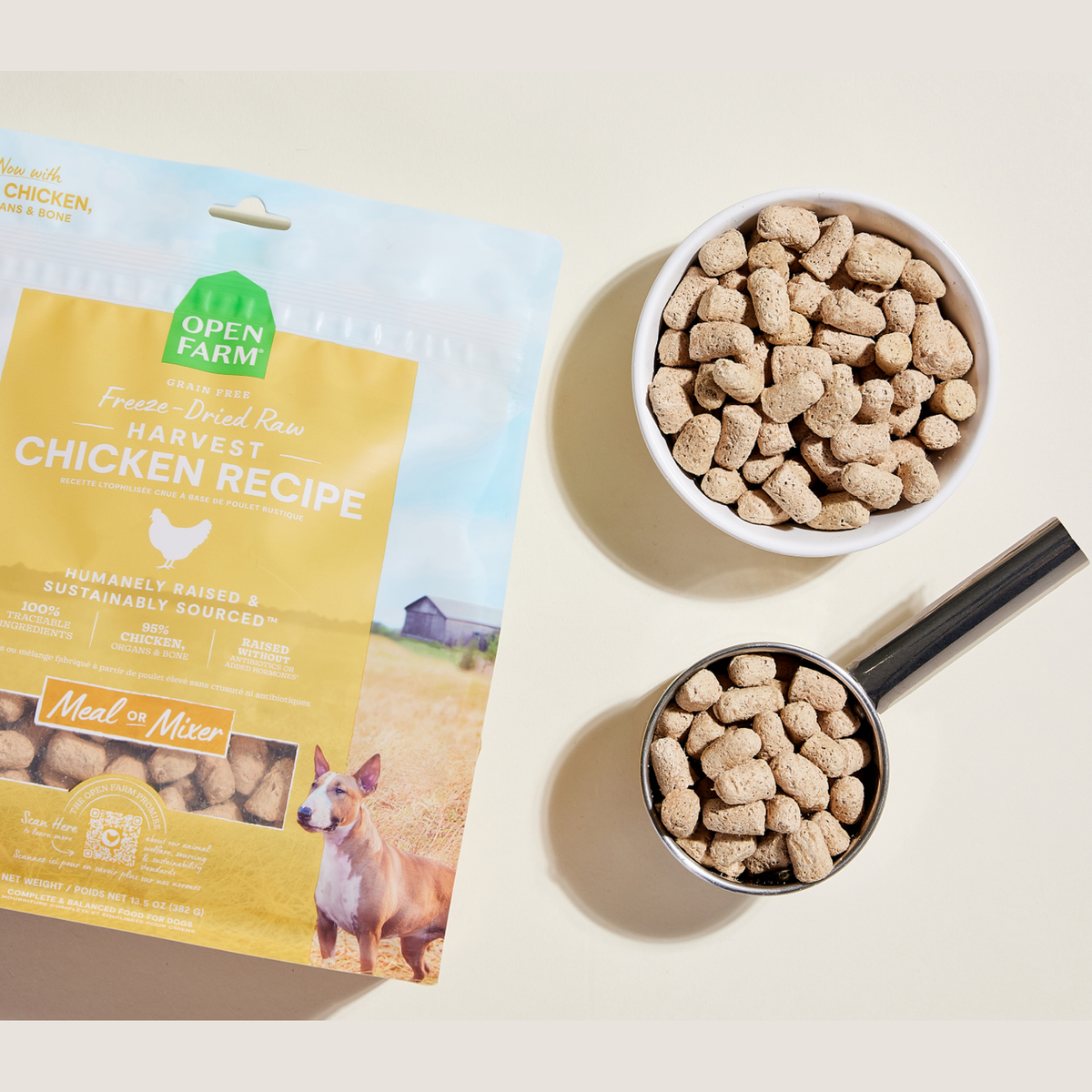 Open Farm Harvest Chicken Freeze Dried Raw Morsels for Dogs -- open farm harvest chicken freeze dried morsels in a bowl and measuring scoop