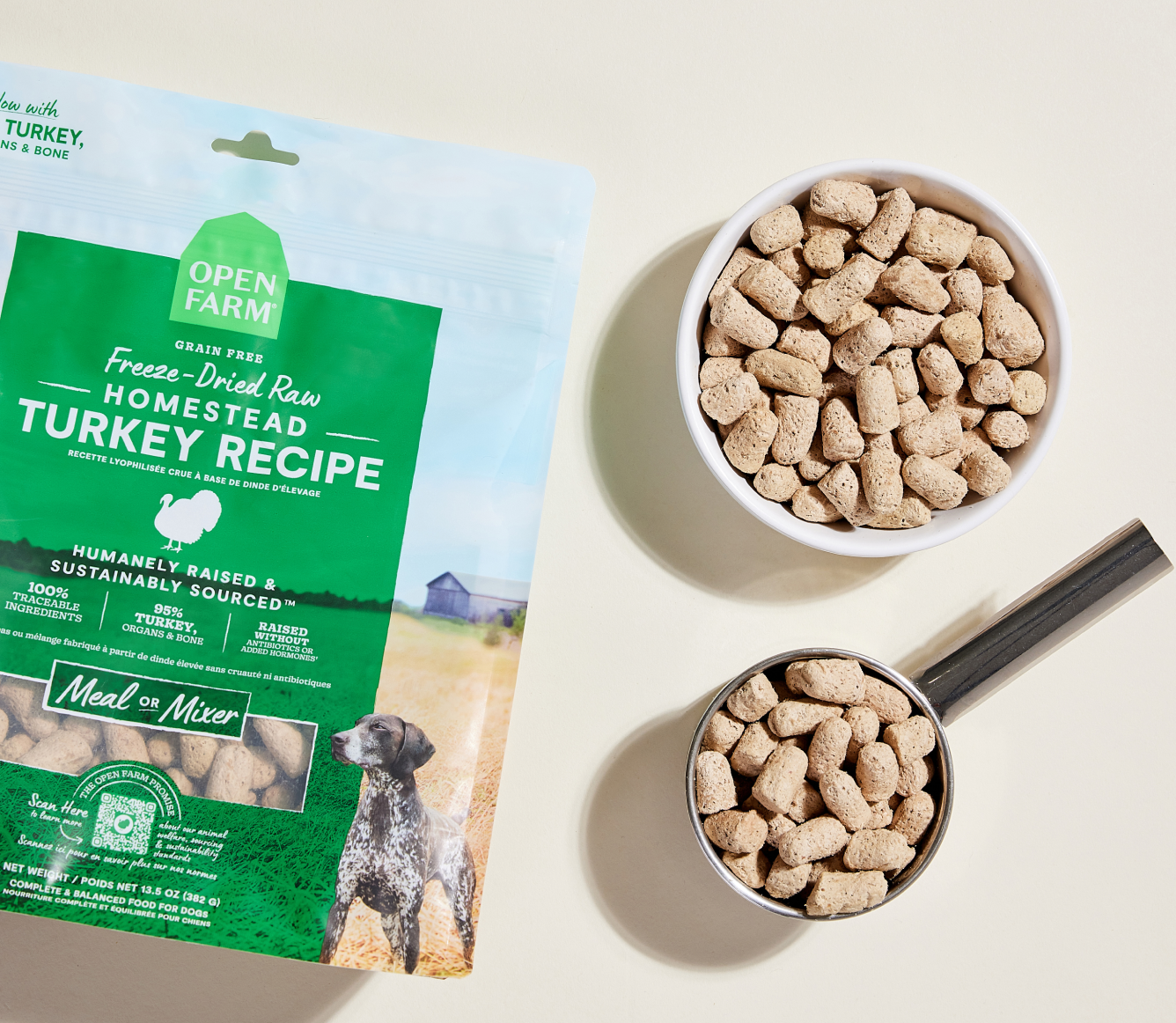 Open Farm Homestead Turkey freeze dried morsels in a bowl and measuring scoop