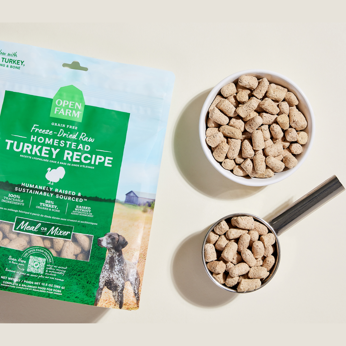 Open Farm Homestead Turkey Freeze Dried Raw Morsels for Dogs -- open farm homestead turkey freeze dried morsels in a bowl and measuring scoop