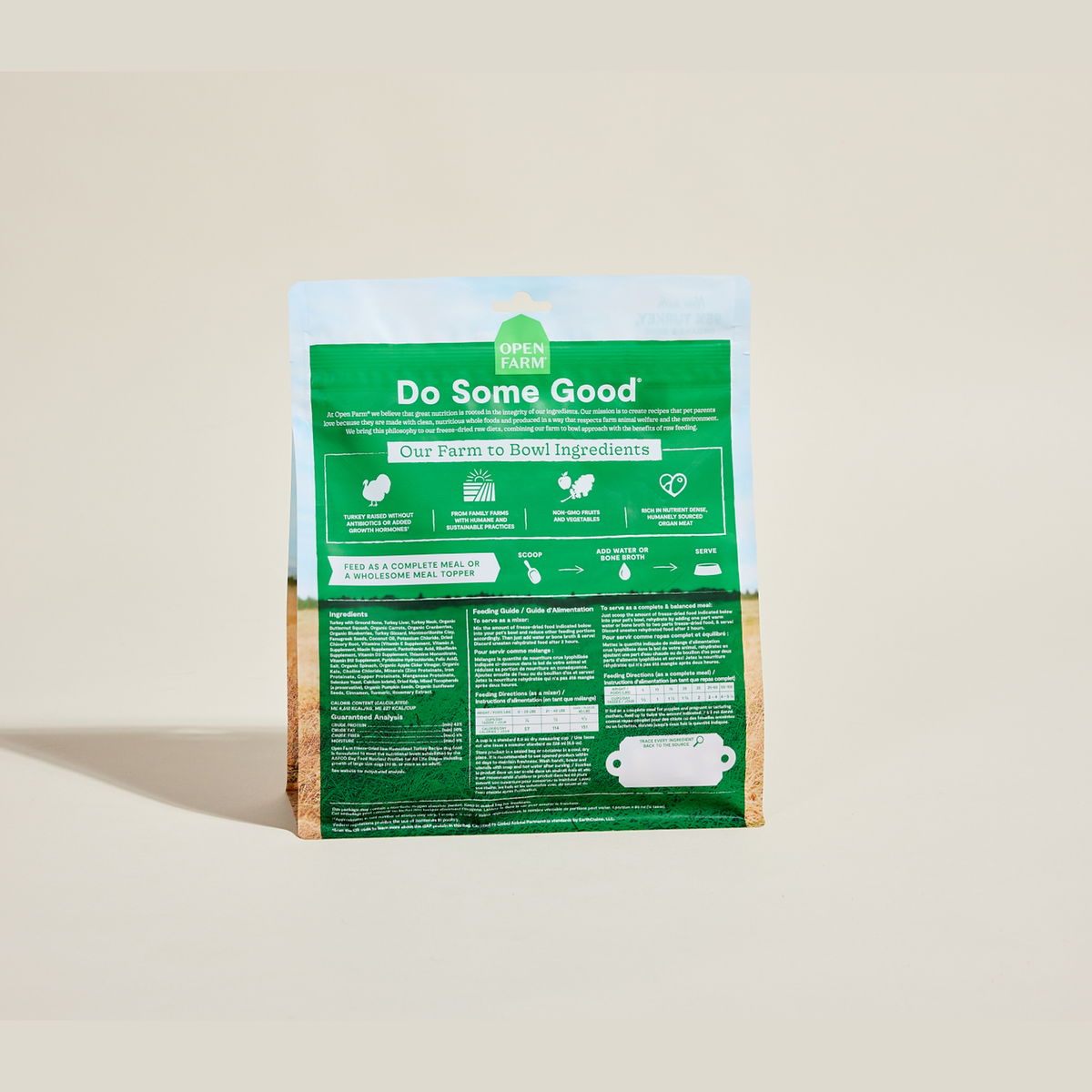Open Farm Homestead Turkey Freeze Dried Raw Morsels for Dogs -- open farm homestead turkey freeze dried raw morsels bag back with ingredients and feeding guide
