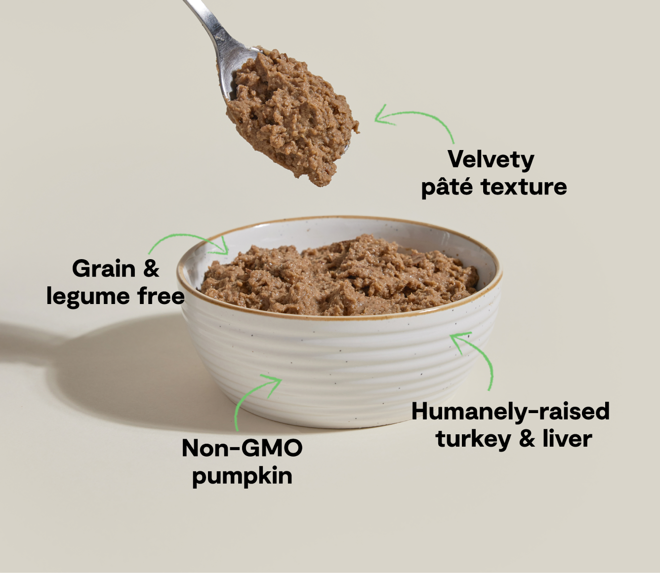 Open Farm homestead turkey pâté benefits: velvety pâté texture, grain and legume free, non-GMO pumpkin, humanely-raised turkey and liver