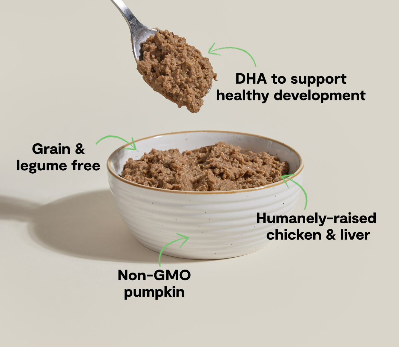 Open Farm kitten chicken and salmon pâté benefits: DHA to support healthy development, grain and legume free, non-GMO pumpkin, humanely-raised chicken and liver