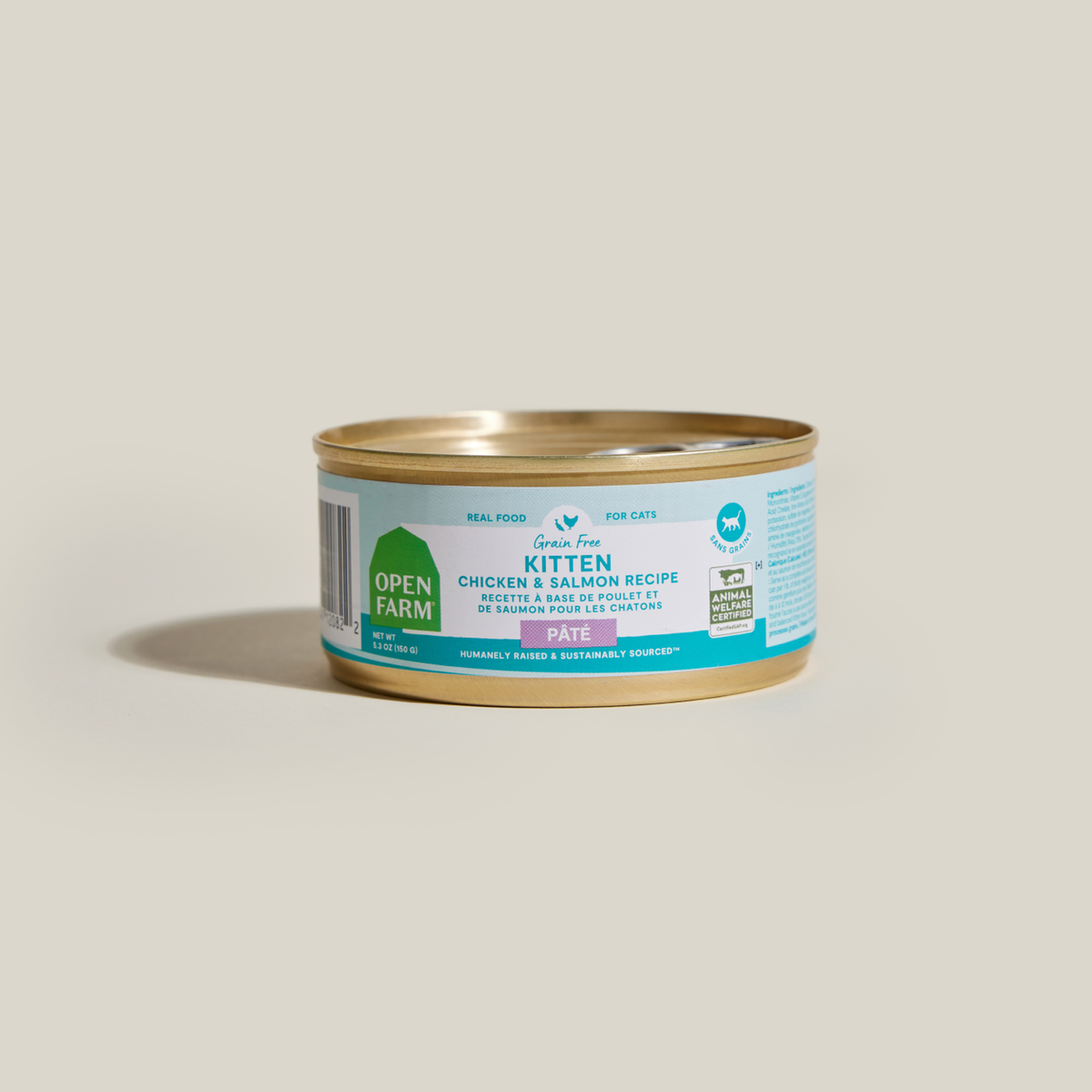 Open Farm Kitten Chicken & Salmon Pâté for Cats -- standing 2.8 oz can