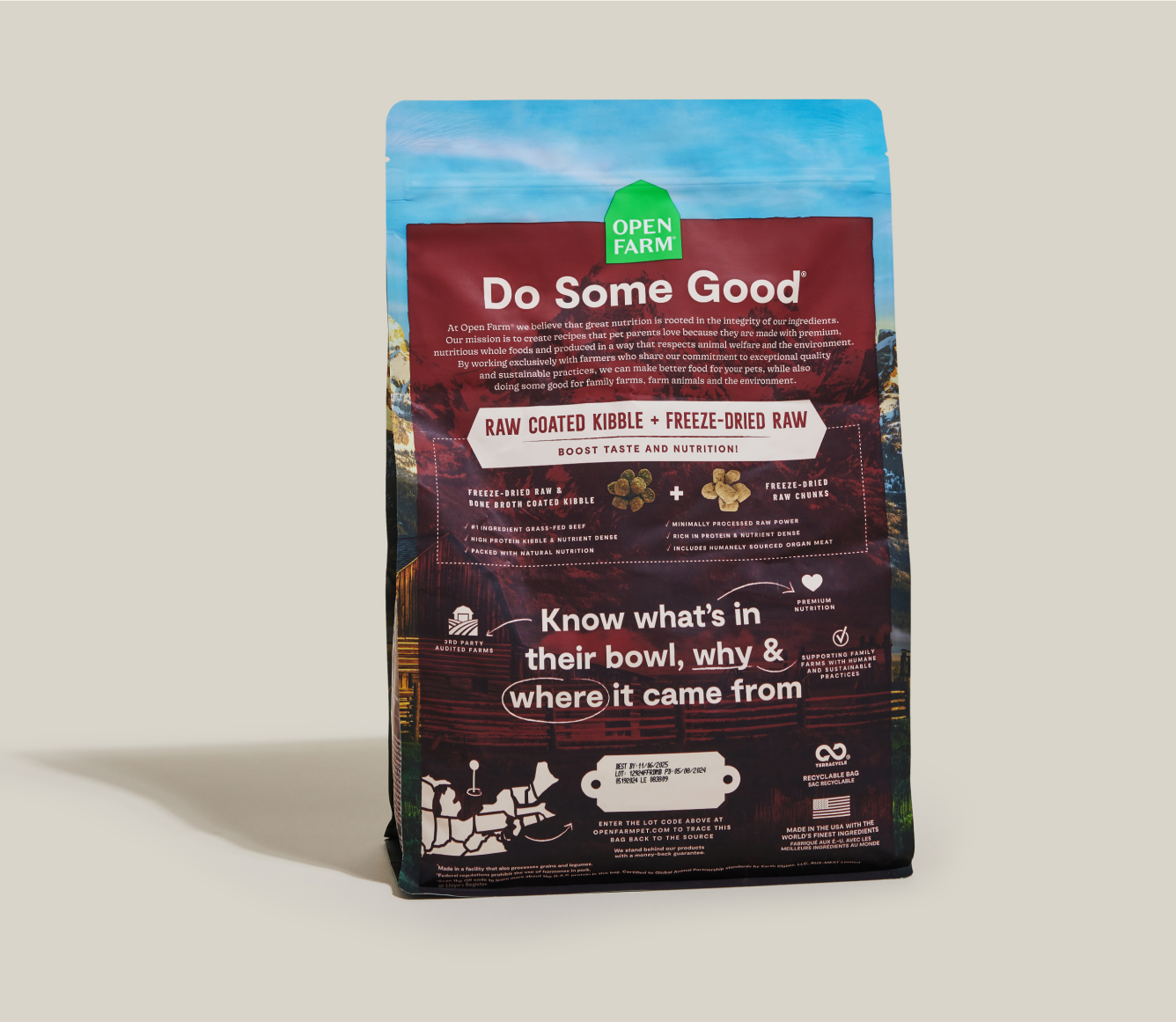 Open Farm RawMix Front Range Ancient Grains Dog Kibble back-of-pack details