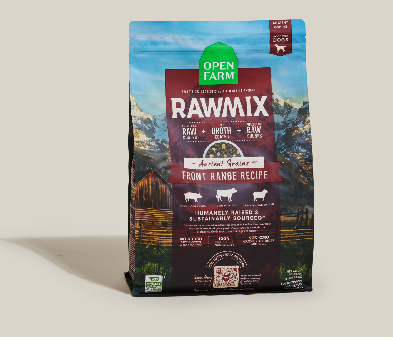 Open Farm RawMix Front Range Ancient Grains Dog Kibble standing bag