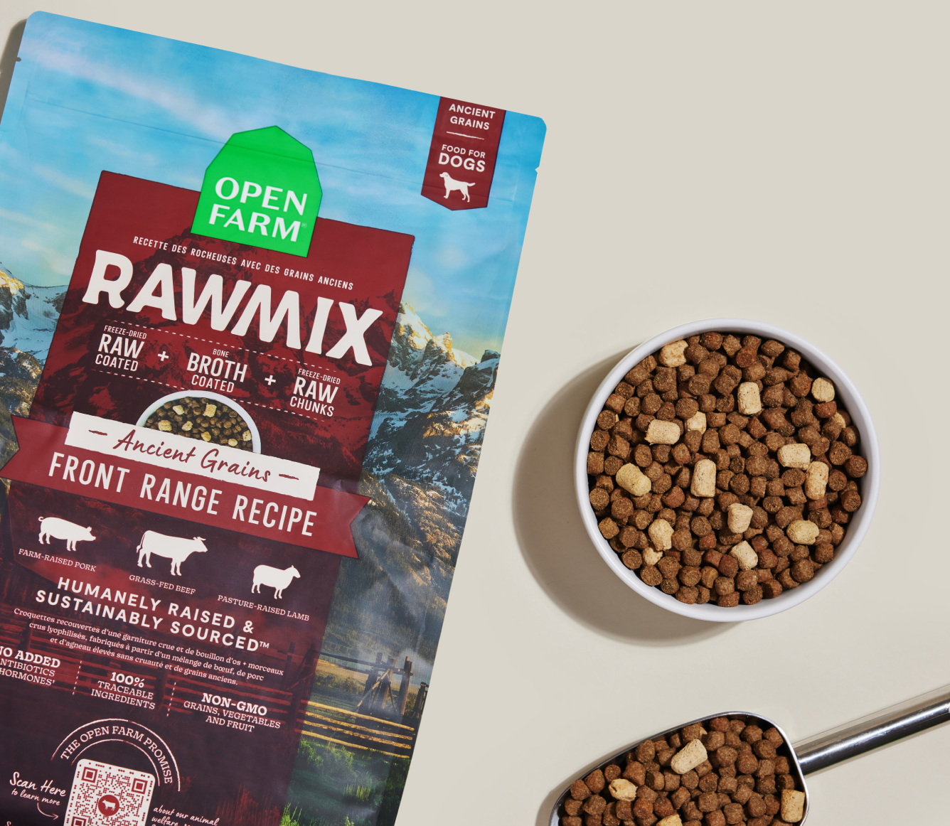 Open Farm RawMix Front Range Ancient Grains Dog Kibble bag with a bowl of kibble