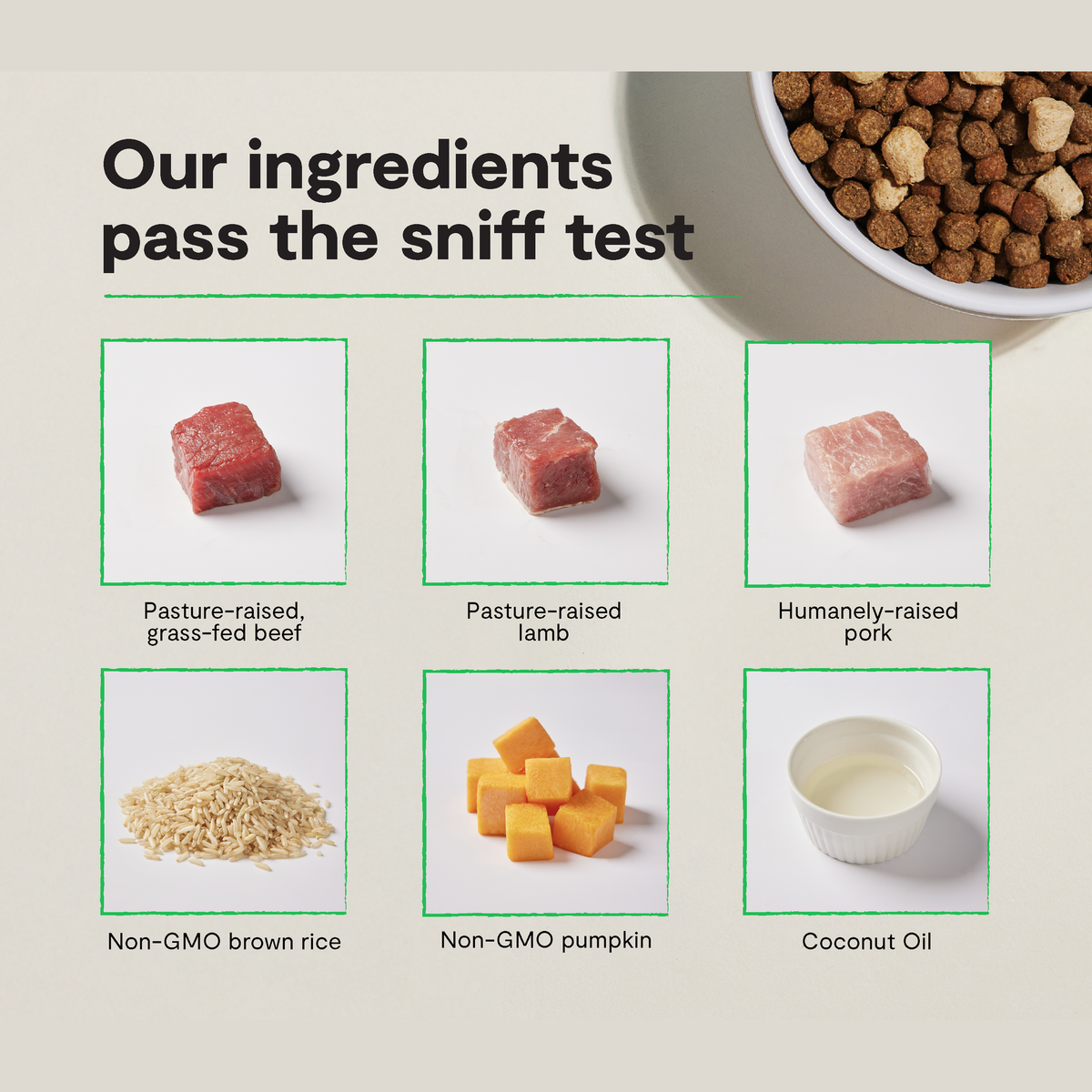 Open Farm RawMix Front Range Ancient Grains Dog Kibble -- our ingredients infographic