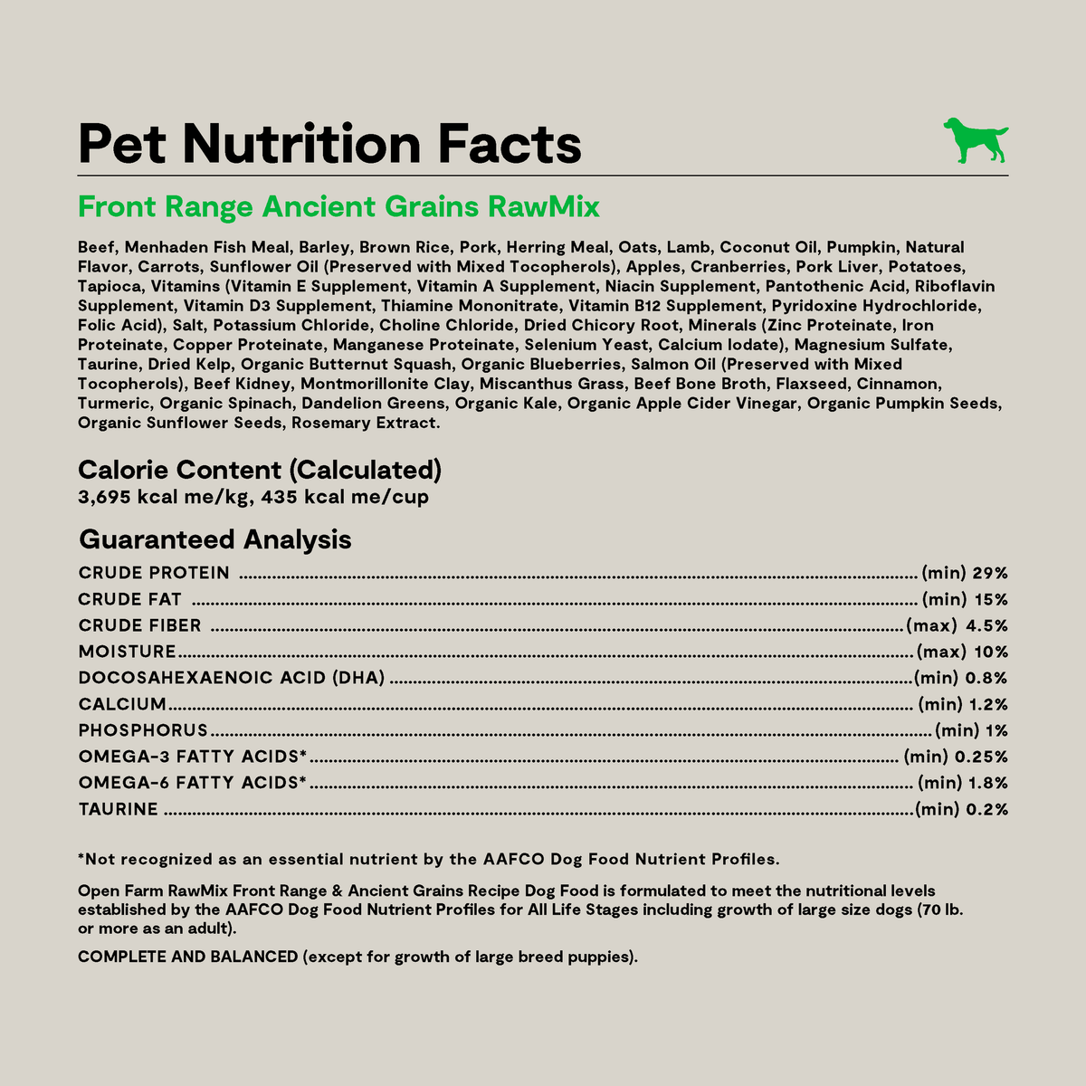 Open Farm RawMix Front Range Ancient Grains Dog Kibble -- pet nutrition facts panel with ingredients and guaranteed analysis