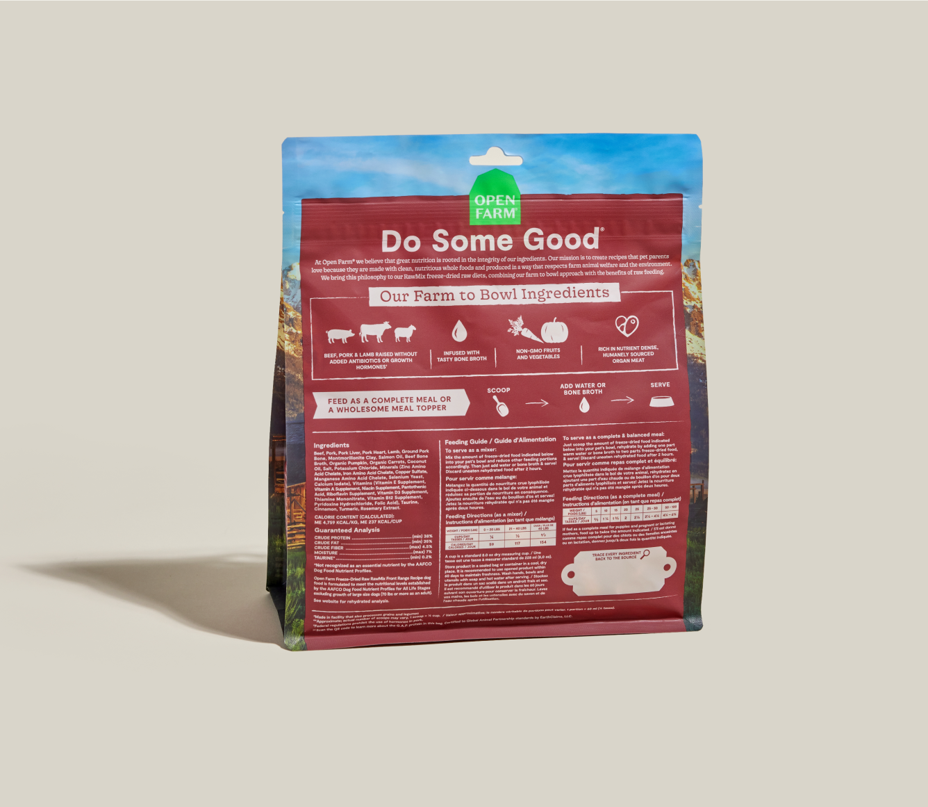 Open Farm RawMix Front Range Freeze Dried Raw Morsels bag back with ingredients and feeding guide
