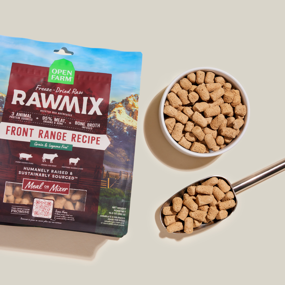 Open Farm RawMix Front Range Freeze Dried Raw Morsels for Dogs -- open farm rawmix front range freeze dried morsels in a bowl and measuring scoop