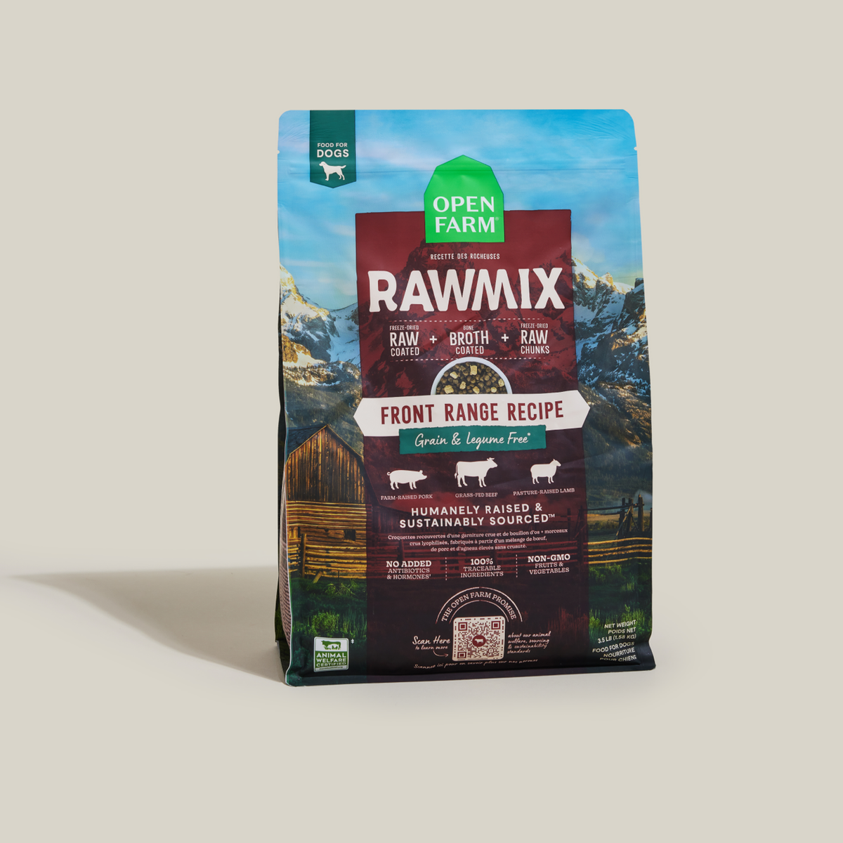 Open Farm RawMix Front Range Grain-Free Dog Kibble -- standing 20 lb bag