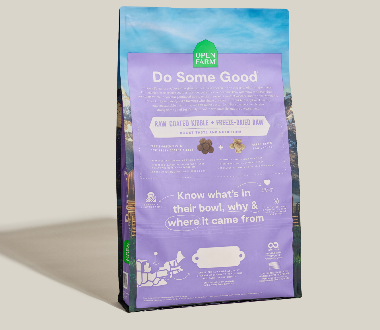 Open Farm RawMix Large Breed Ancient Grains Dog Kibble back-of-pack details