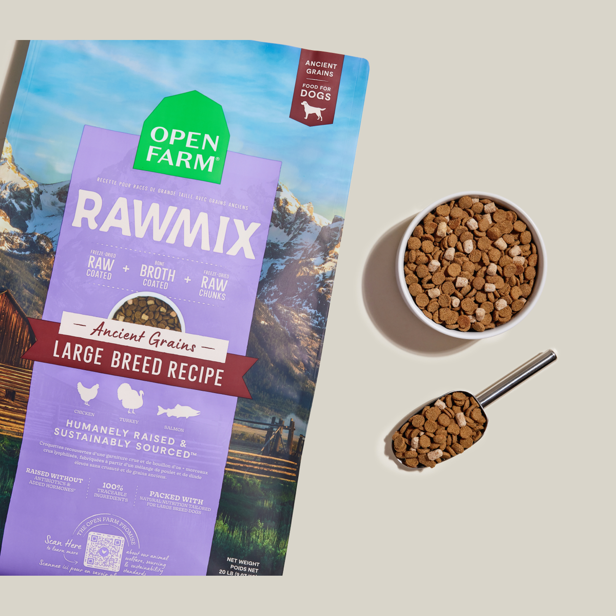 Open Farm RawMix Large Breed Ancient Grains Dog Kibble -- bag with a bowl of kibble