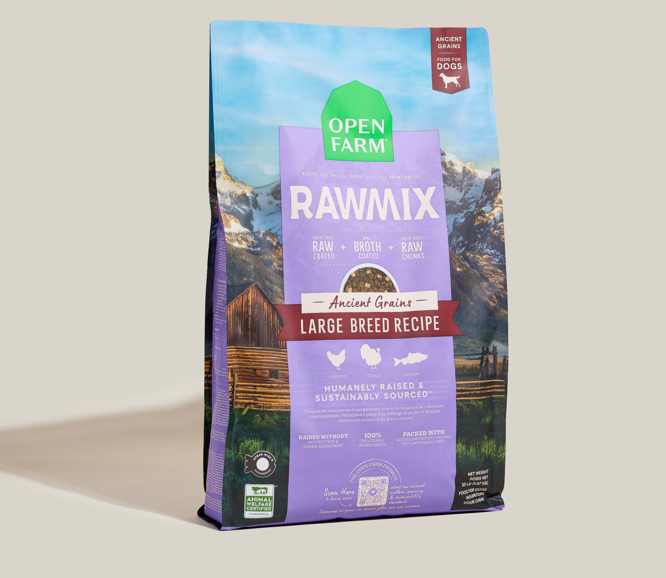 Open Farm RawMix Large Breed Ancient Grains Dog Kibble standing bag
