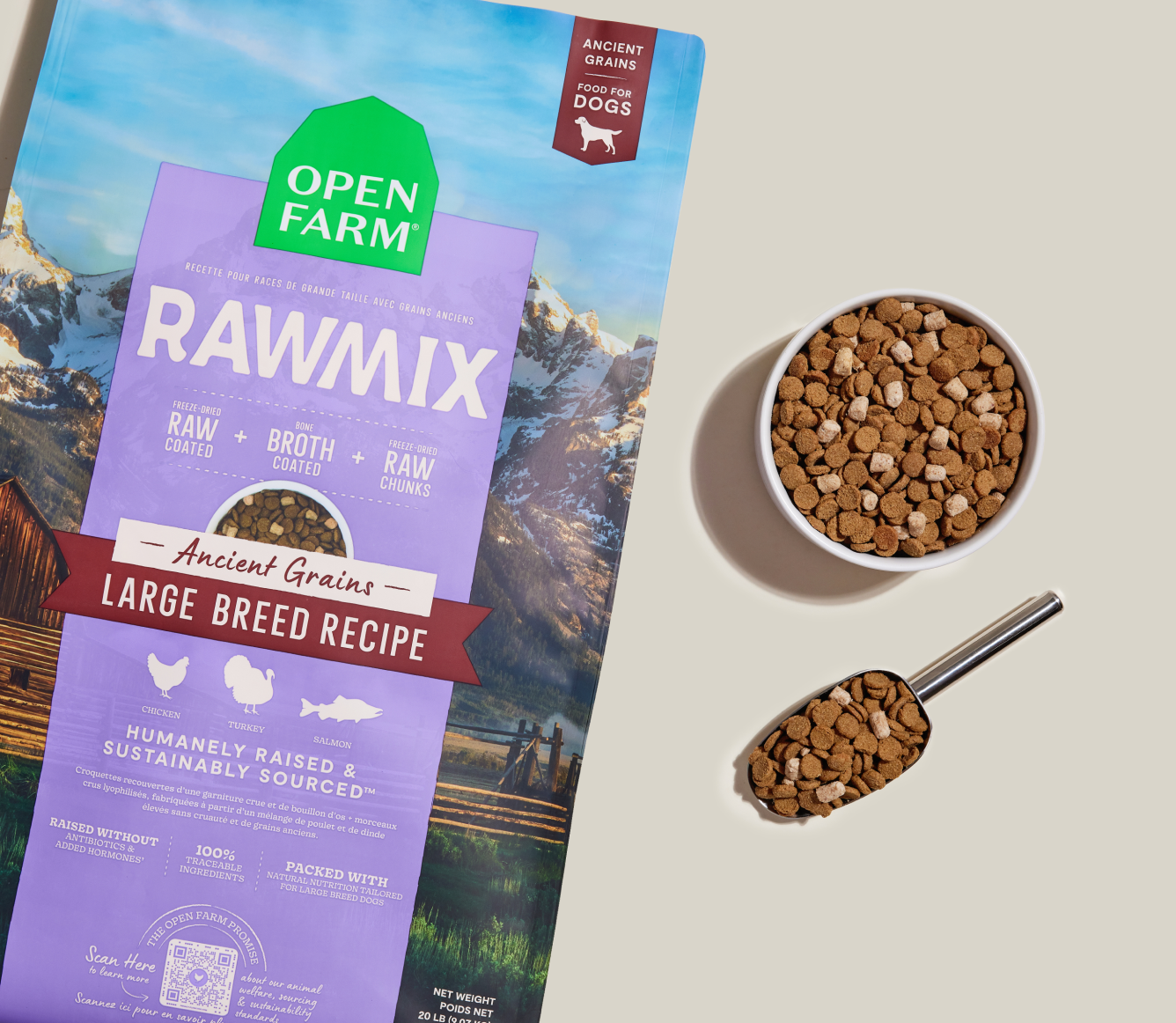 Open Farm RawMix Large Breed Ancient Grains Dog Kibble bag with a bowl of kibble
