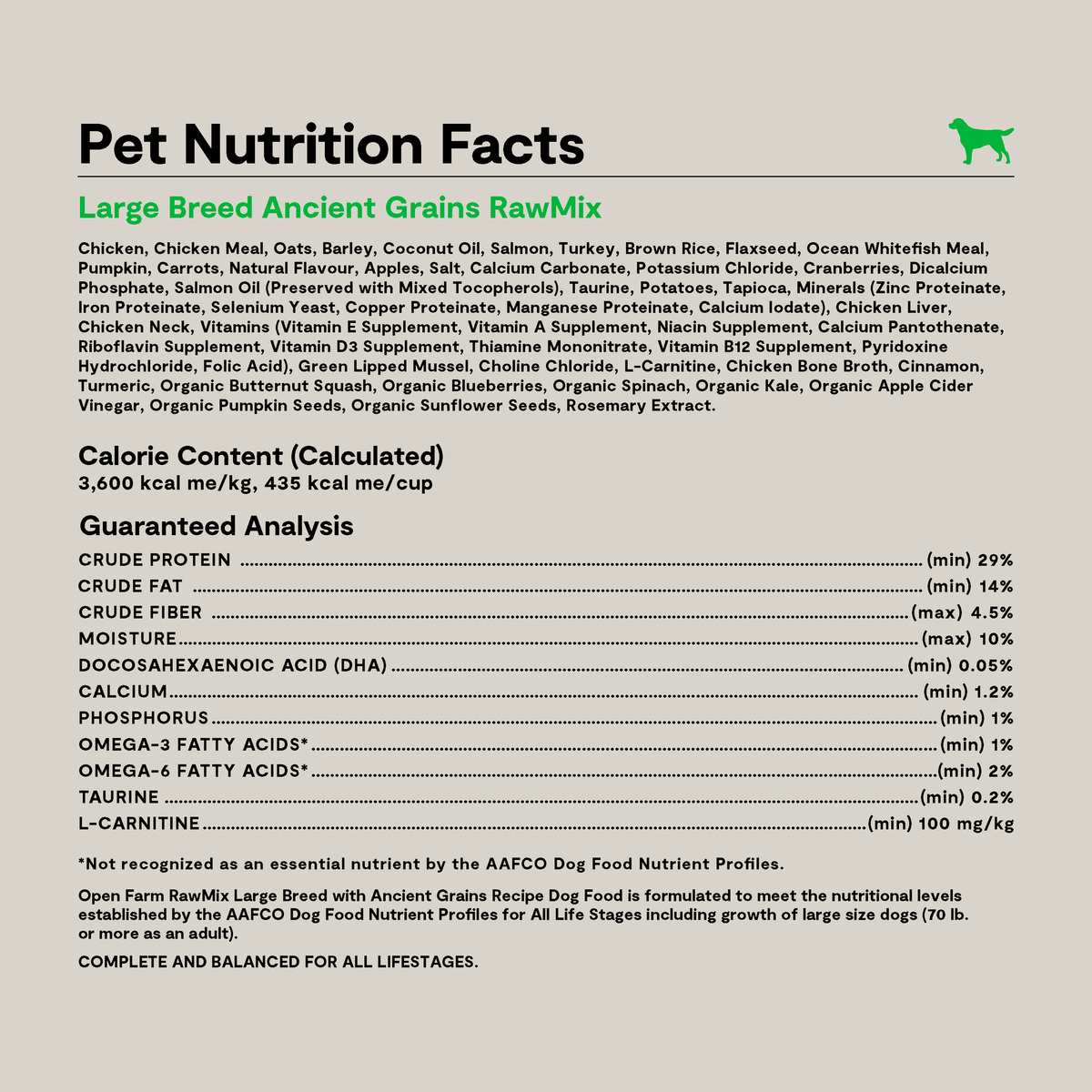 Open Farm RawMix Large Breed Ancient Grains Dog Kibble -- pet nutrition facts panel with ingredients and guaranteed analysis