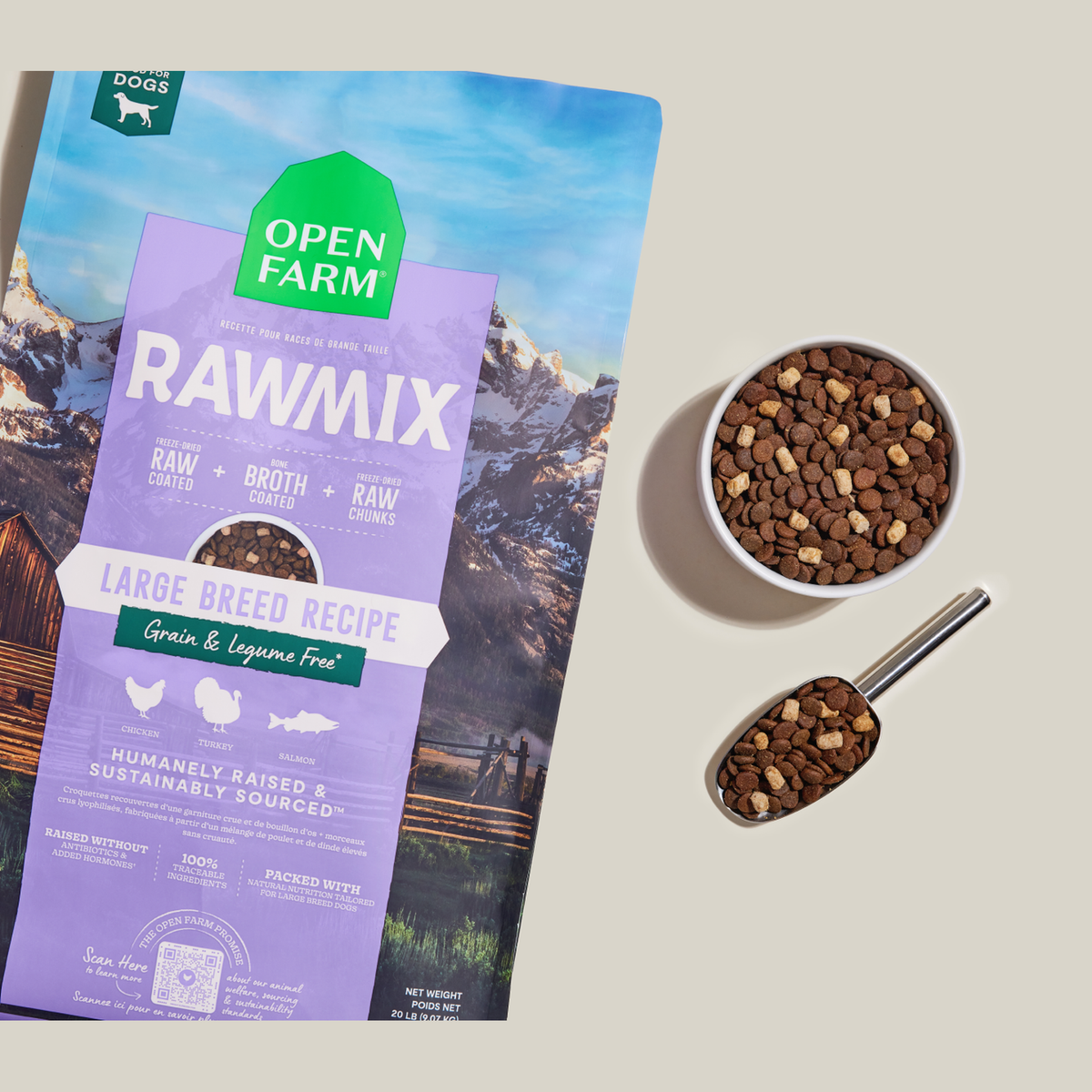 Open Farm RawMix Large Breed Grain-Free Dog Kibble -- bag with a bowl of kibble