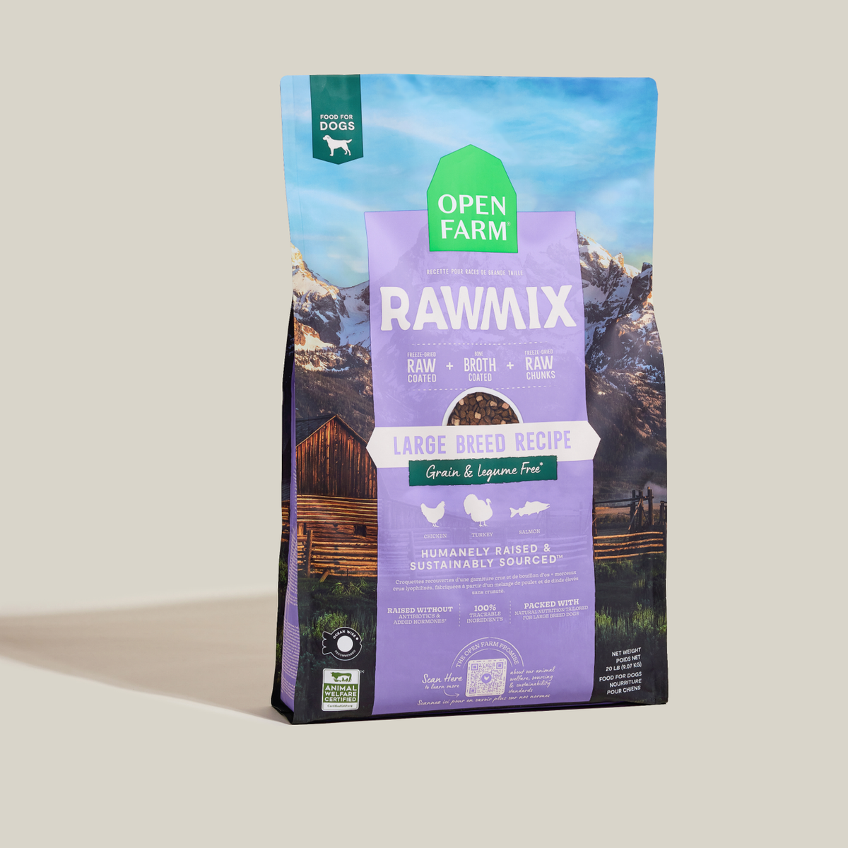Open Farm RawMix Large Breed Grain-Free Dog Kibble -- standing bag