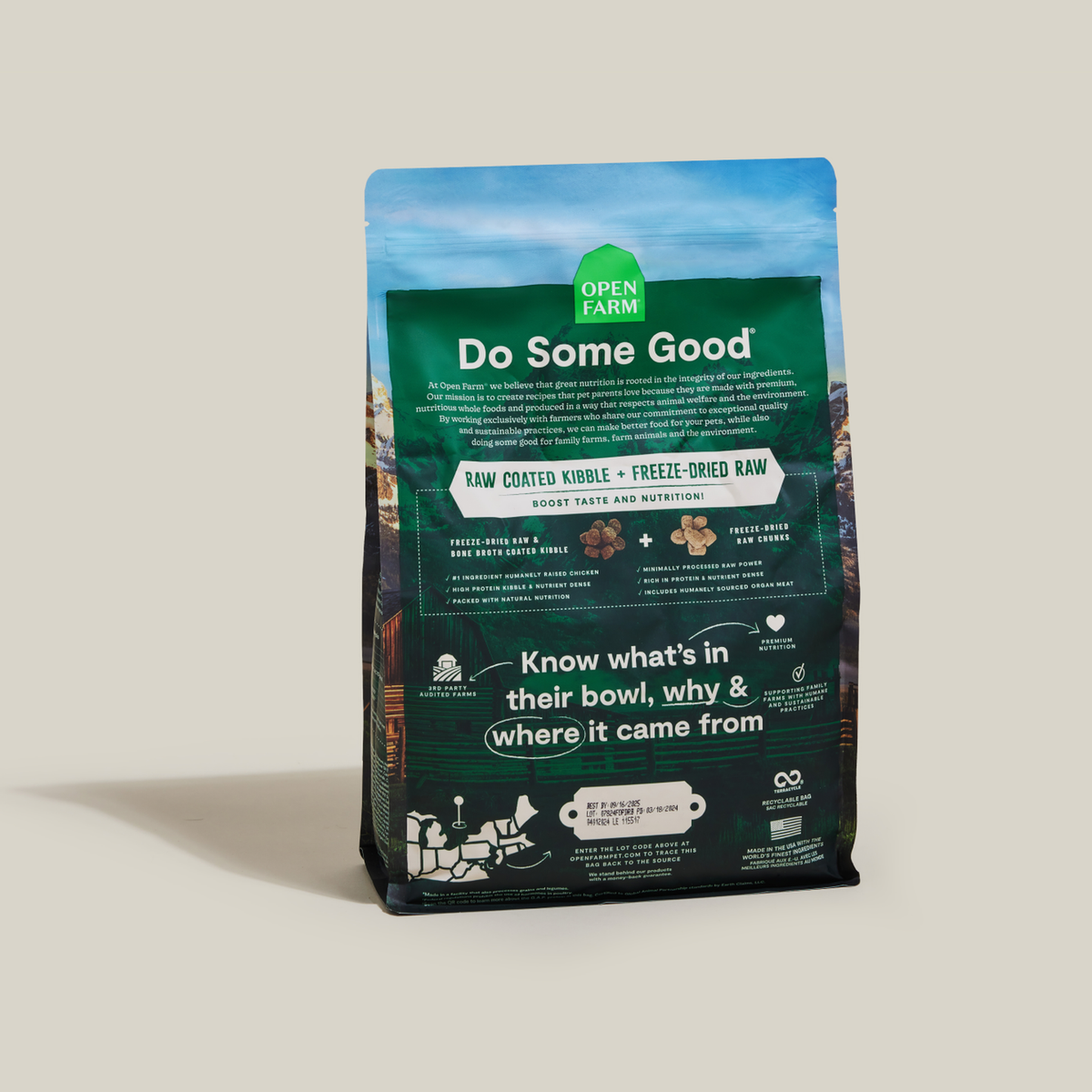 Open Farm RawMix Open Prairie Ancient Grains Dog Kibble -- back-of-pack details