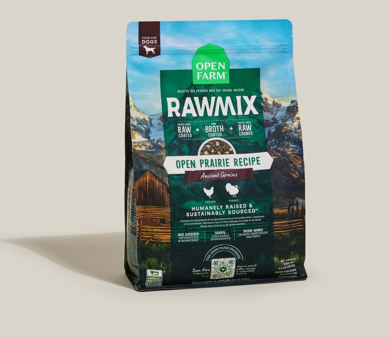 Open Farm RawMix Open Prairie Ancient Grains Dog Kibble standing bag