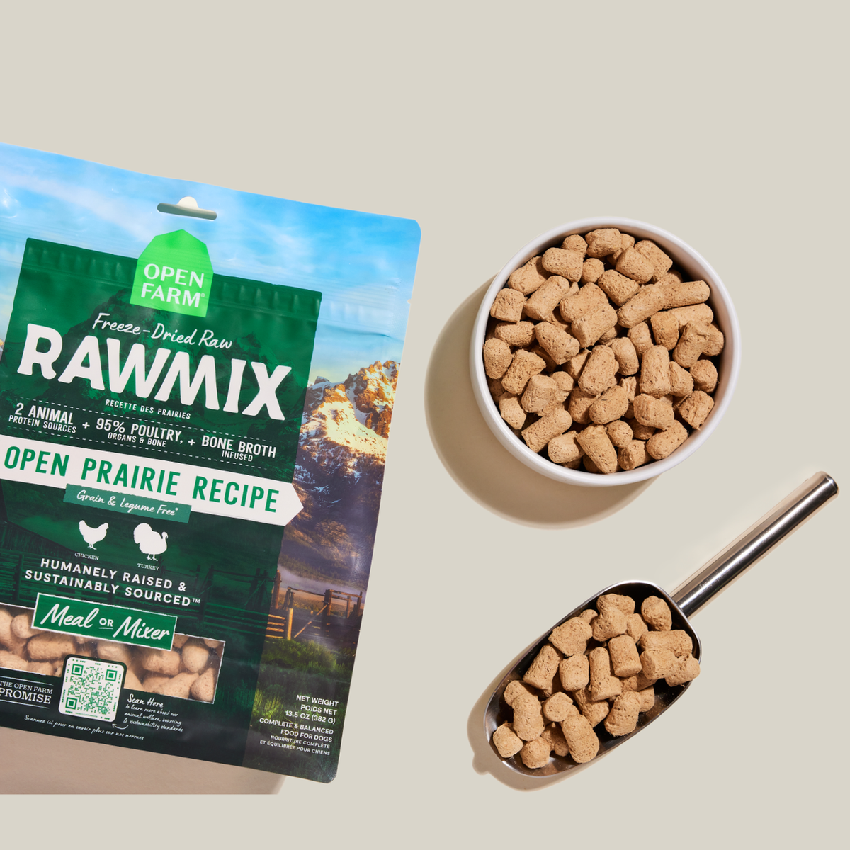 Open Farm RawMix Open Prairie Freeze Dried Raw Morsels for Dogs -- open farm rawmix open prairie freeze dried morsels in a bowl and measuring scoop