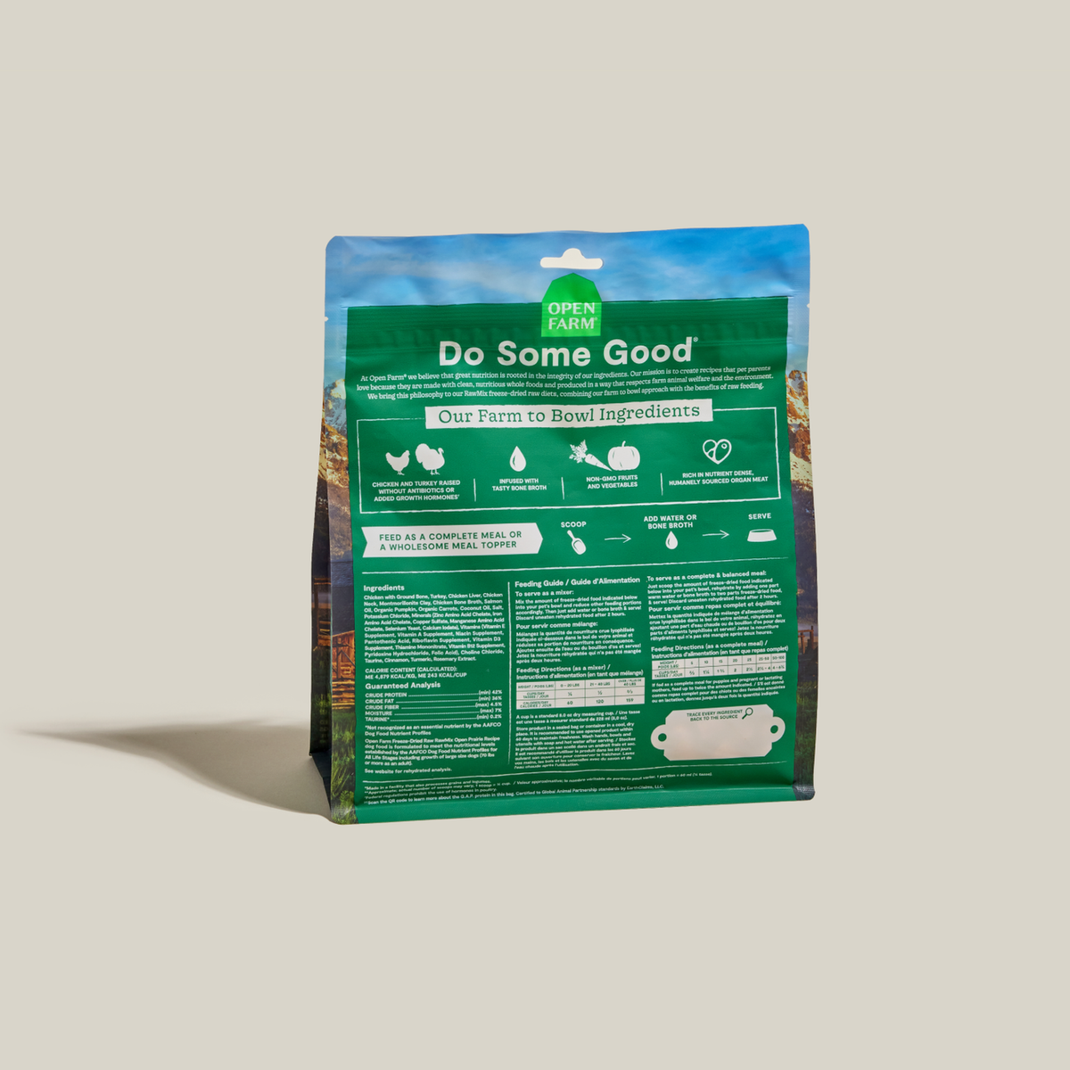 Open Farm RawMix Open Prairie Freeze Dried Raw Morsels for Dogs -- open farm rawmix open prairie freeze dried raw morsels bag back with ingredients and feeding guide