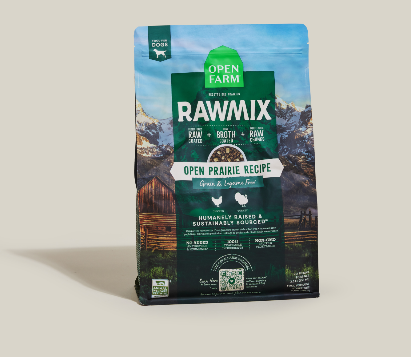 Open Farm RawMix Open Prairie Grain-Free Dog Kibble standing bag