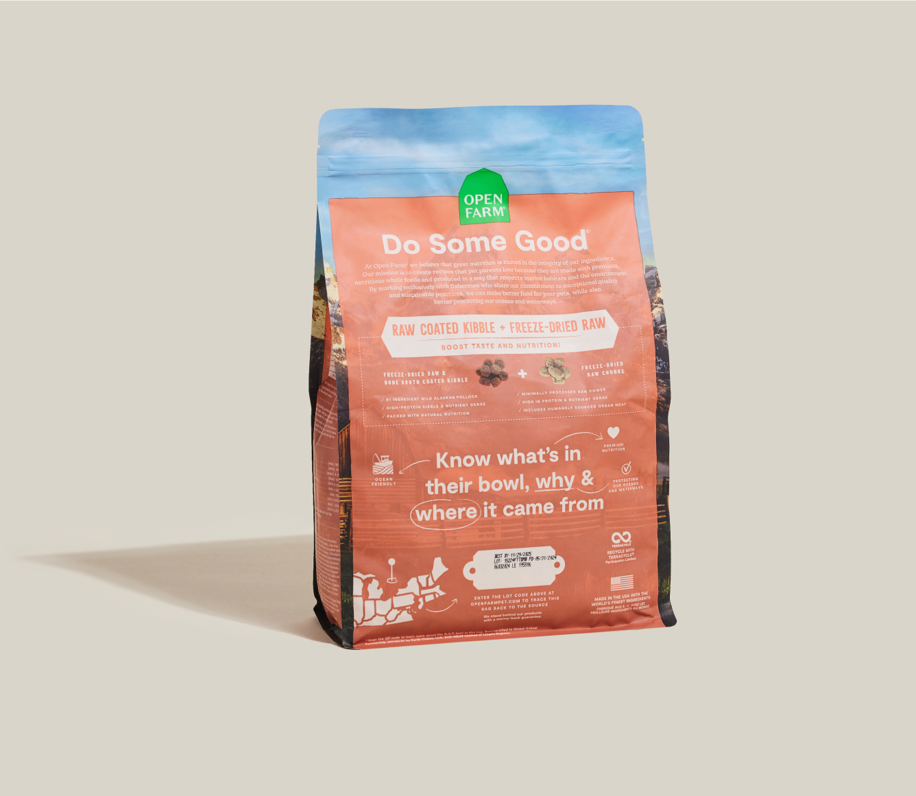 Open Farm RawMix Tide & Terrain Ancient Grains Dog Kibble back-of-pack details