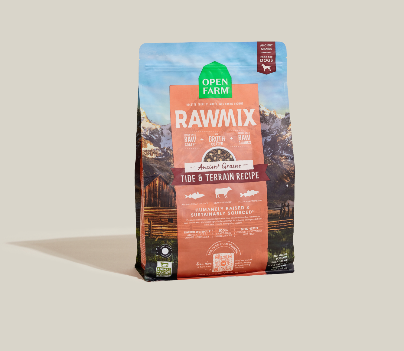 Open Farm RawMix Tide & Terrain Ancient Grains Dog Kibble standing bag