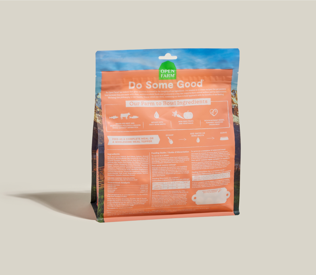 Open Farm RawMix Tide & Terrain Freeze Dried Raw Morsels bag back with ingredients and feeding guide