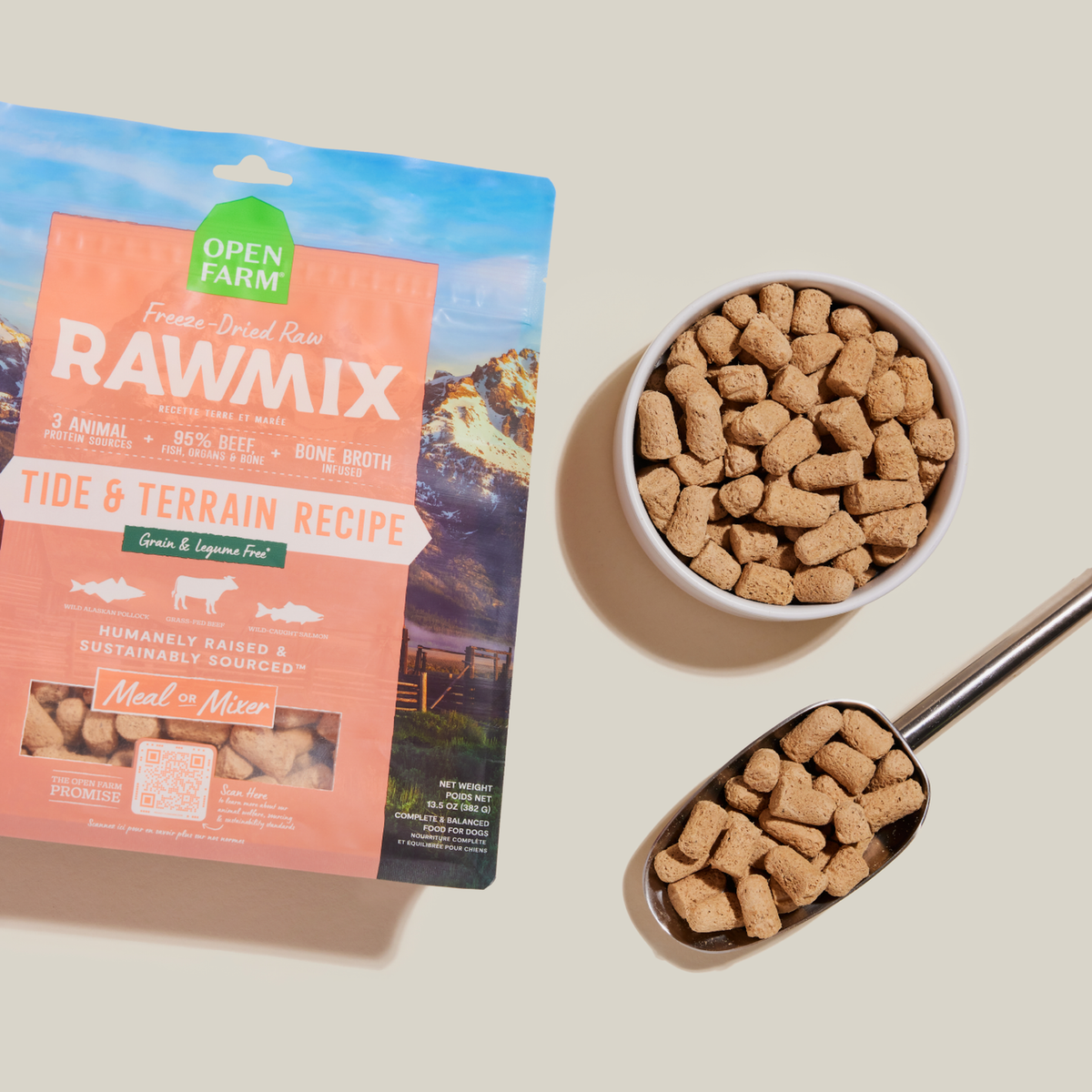 Open Farm RawMix Tide & Terrain Freeze Dried Raw Morsels for Dogs -- open farm rawmix tide & terrain freeze dried morsels in a bowl and measuring scoop