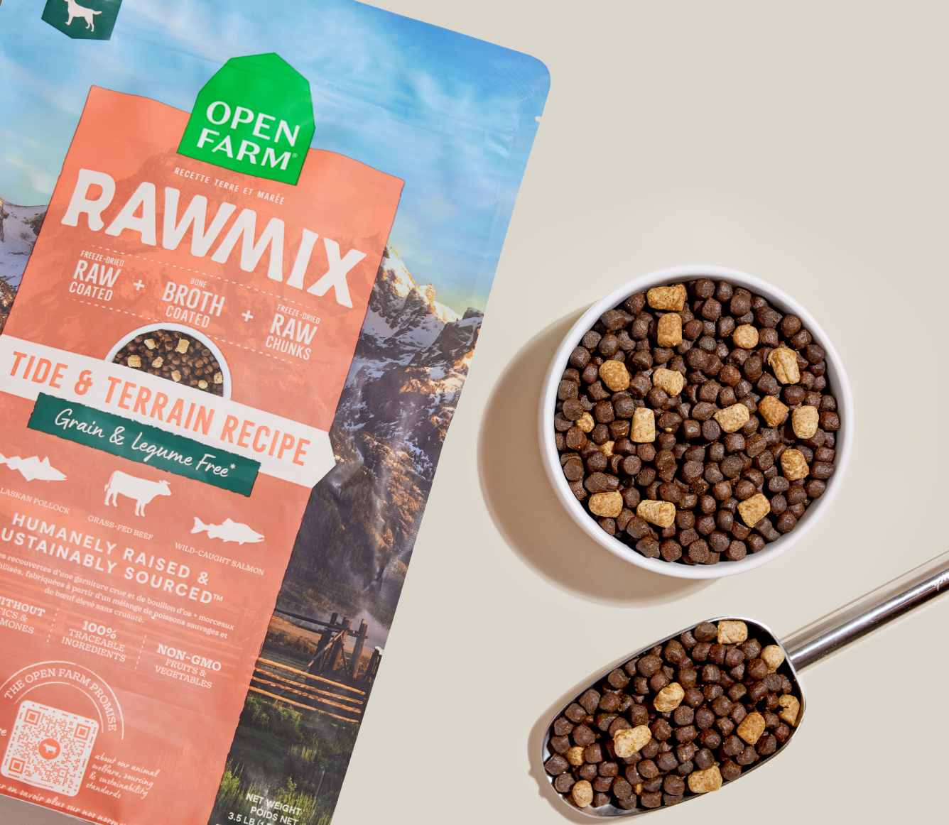 Open Farm RawMix Tide & Terrain Grain-Free Dog Kibble bag with a bowl of kibble