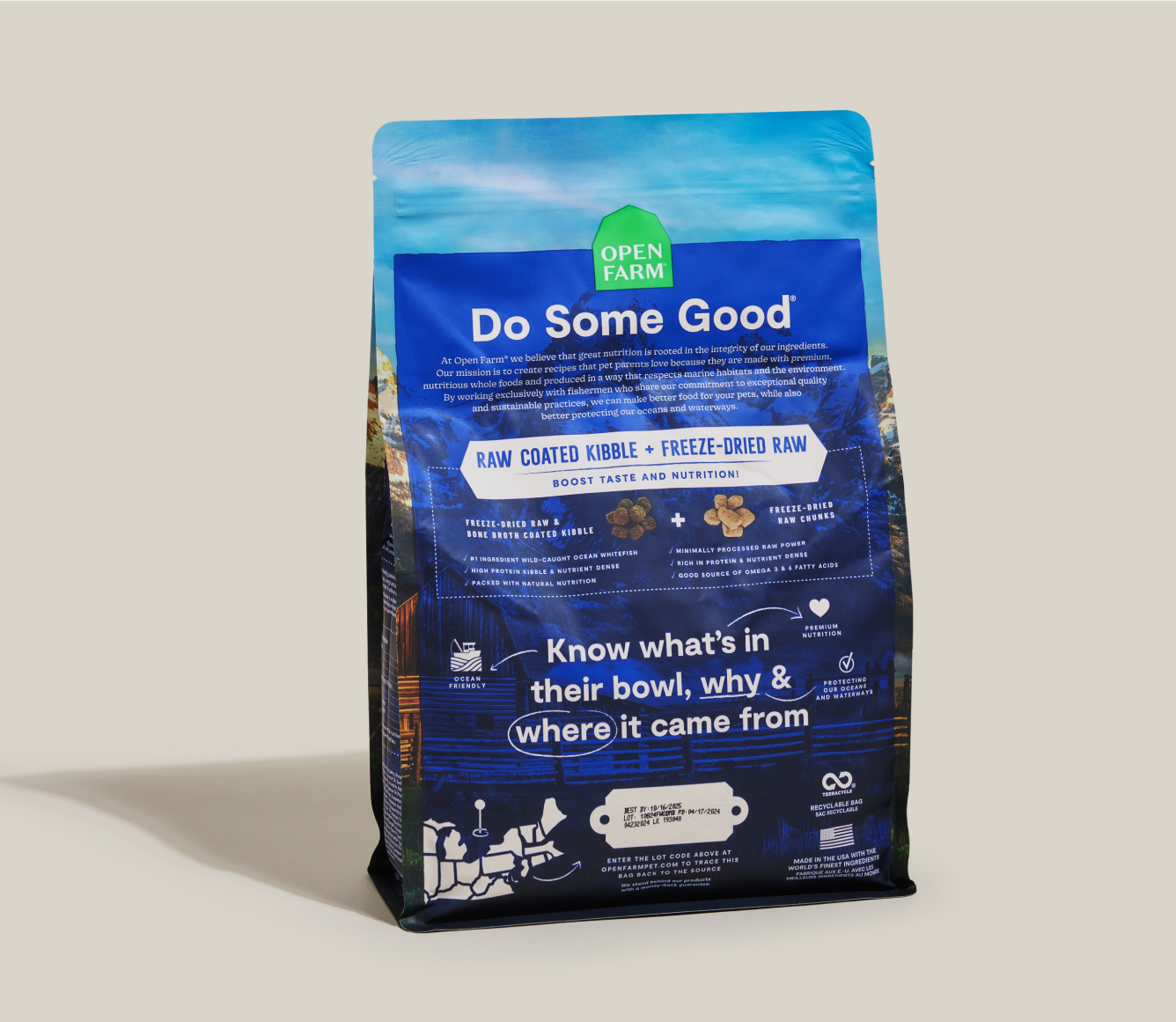 Open Farm RawMix Wild Ocean Ancient Grains Dog Kibble back-of-pack details