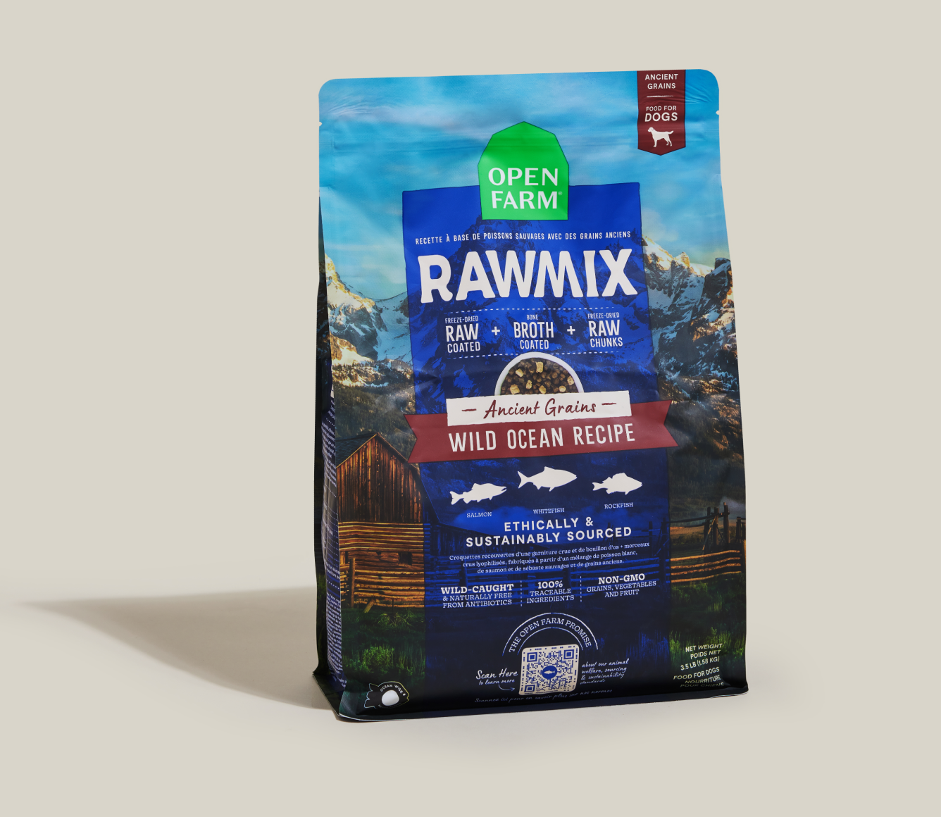 Open Farm RawMix Wild Ocean Ancient Grains Dog Kibble standing bag