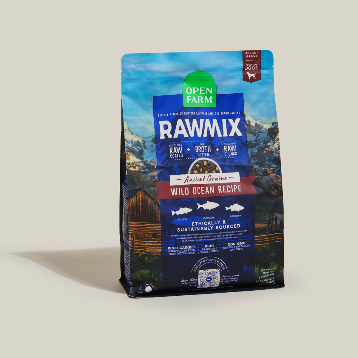 Open Farm RawMix Wild Ocean Ancient Grains Dog Kibble -- standing bag