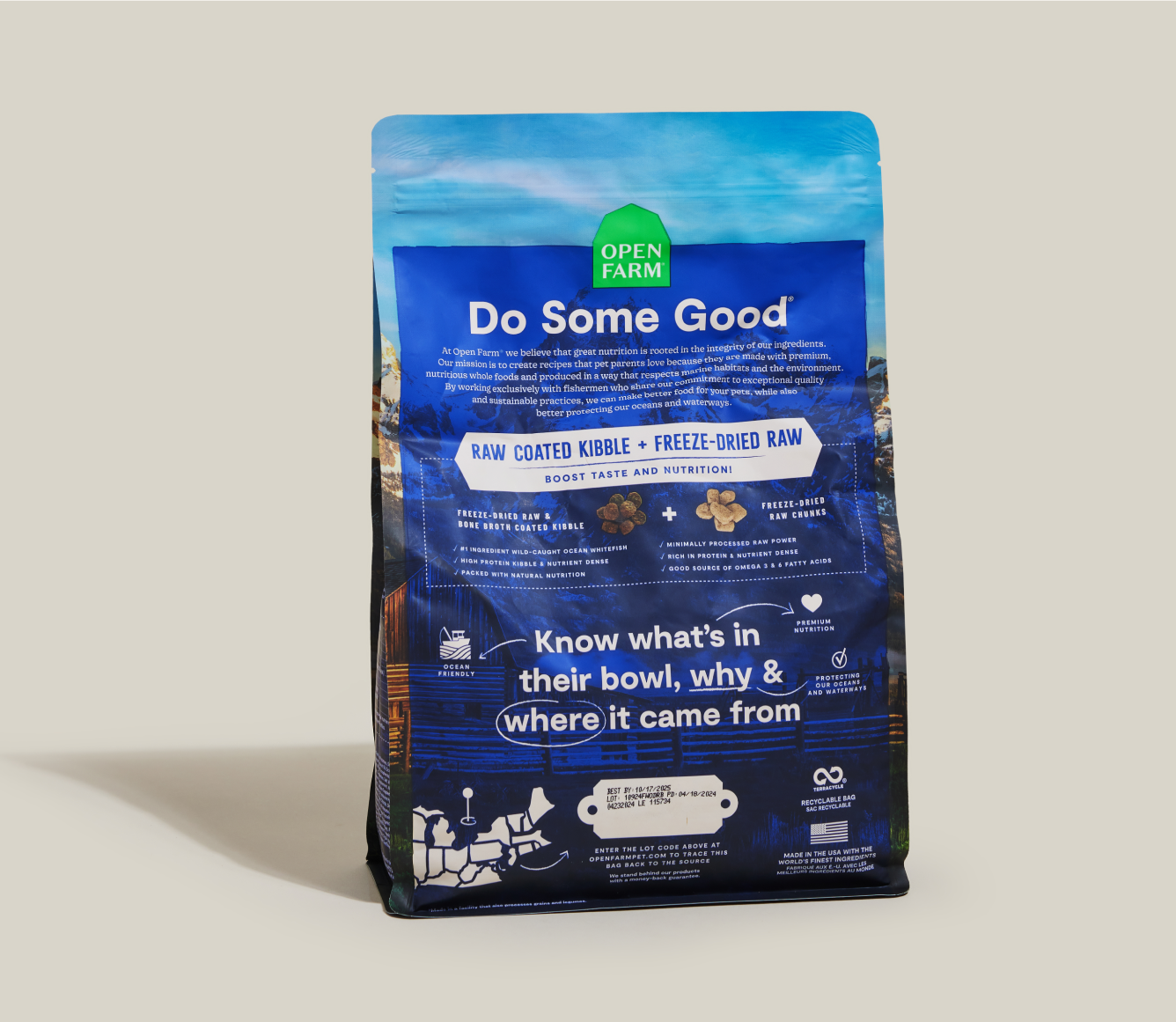 Open Farm RawMix Wild Ocean Grain-Free Dog Kibble back-of-pack details