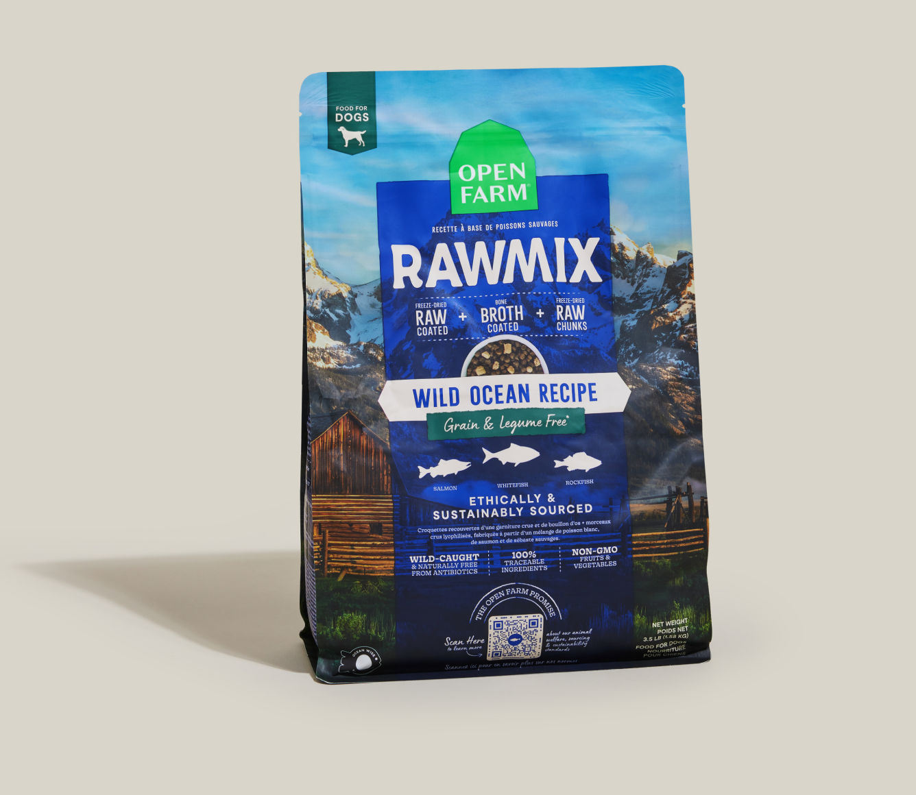 Open Farm RawMix Wild Ocean Grain-Free Dog Kibble standing bag