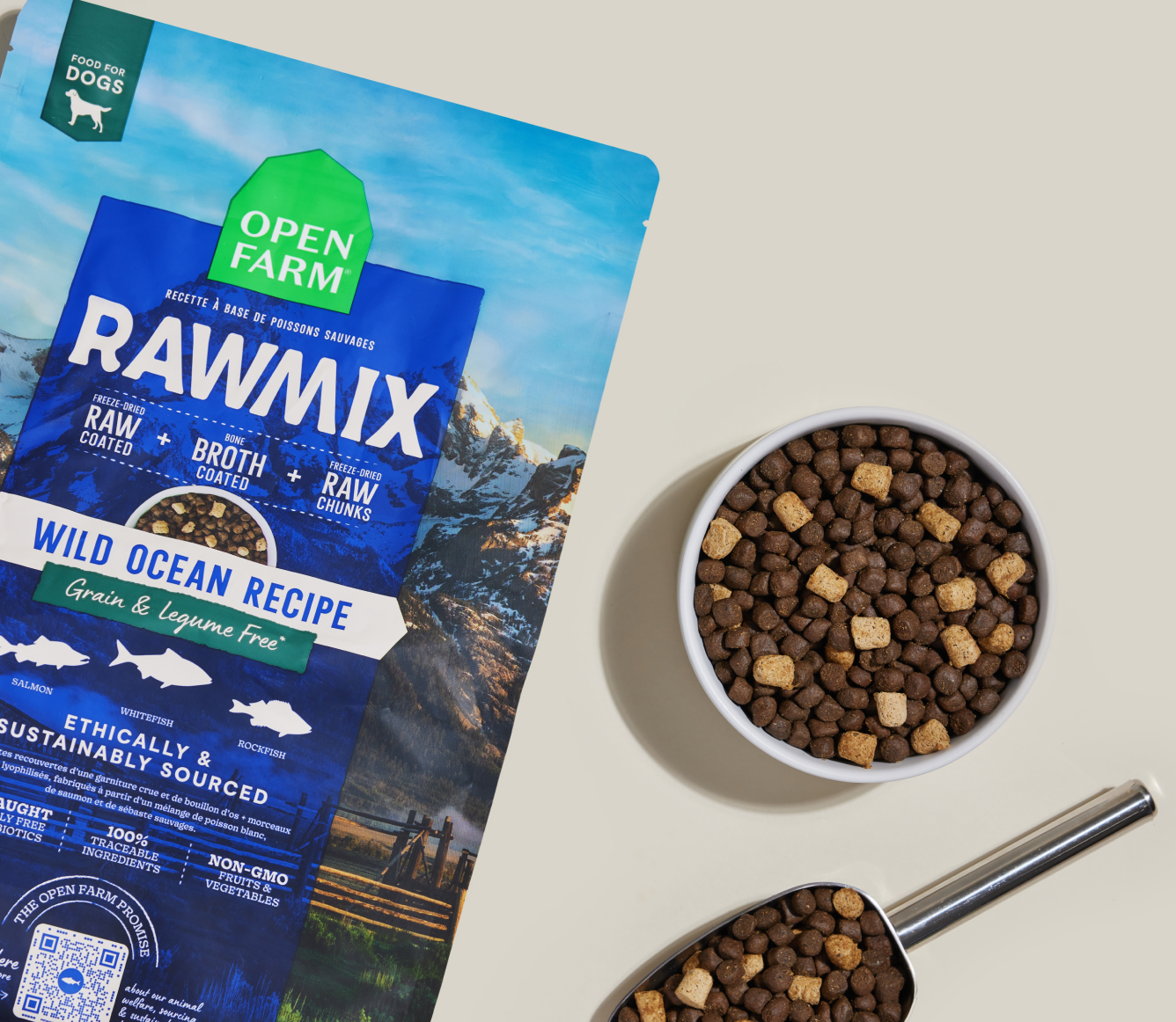Open Farm RawMix Wild Ocean Grain-Free Dog Kibble bag with a bowl of kibble
