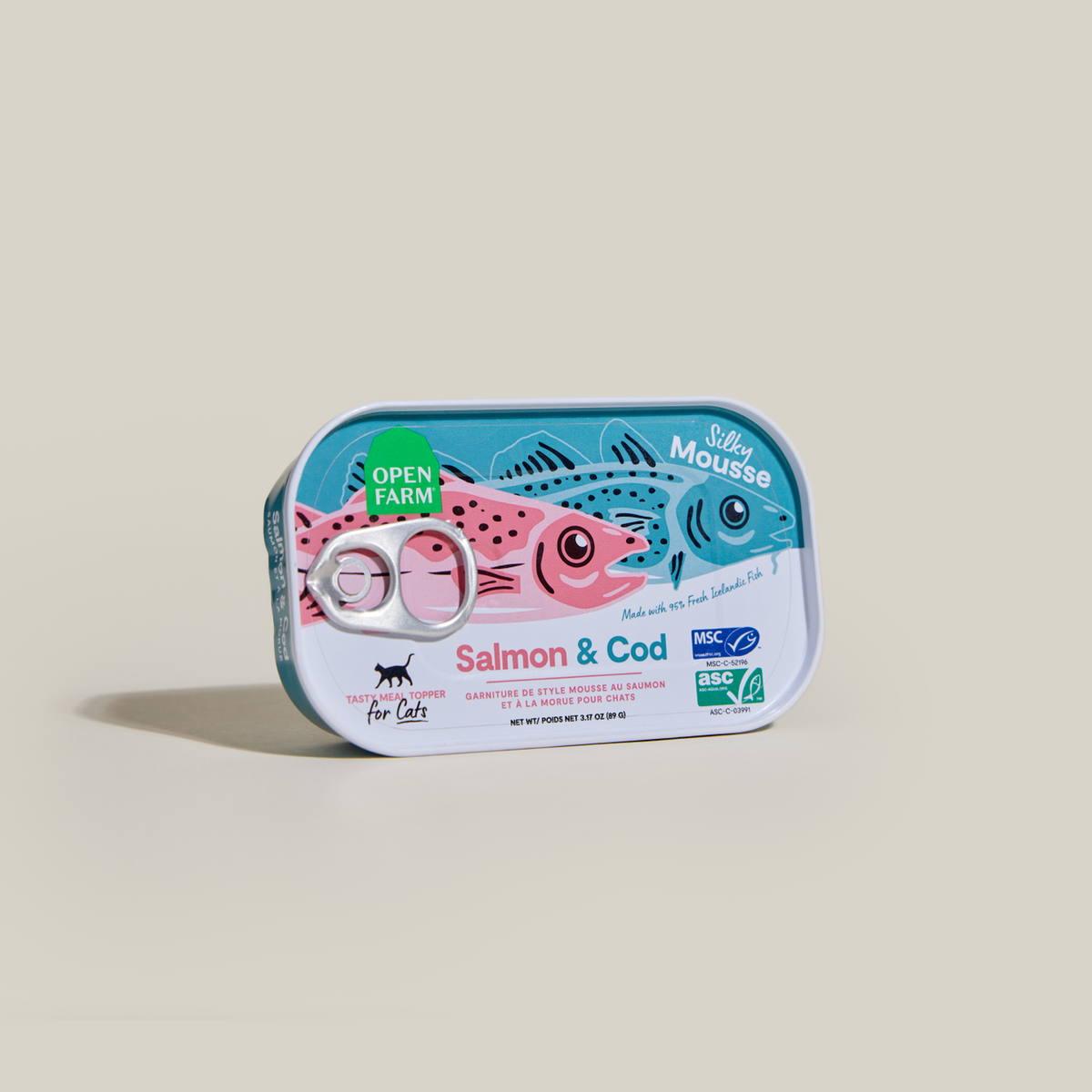 Open Farm Salmon & Cod Topper for Cats -- open farm salmon & cod silky mousse topper for cats can angled view