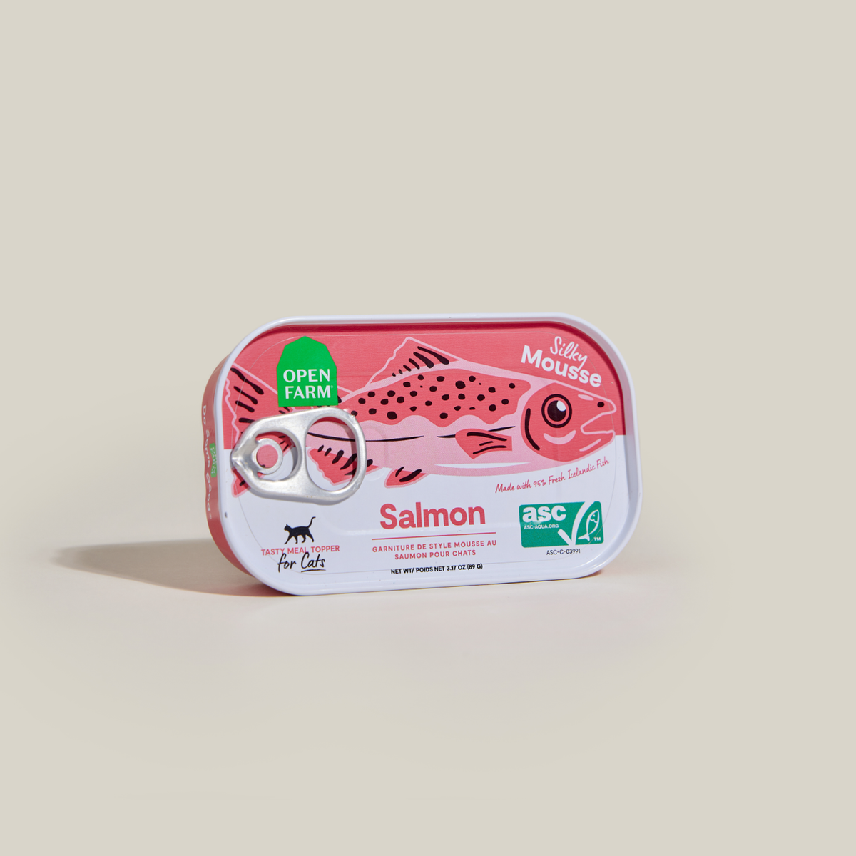 Open Farm Salmon Topper for Cats -- open farm salmon silky mousse topper for cats can angled view