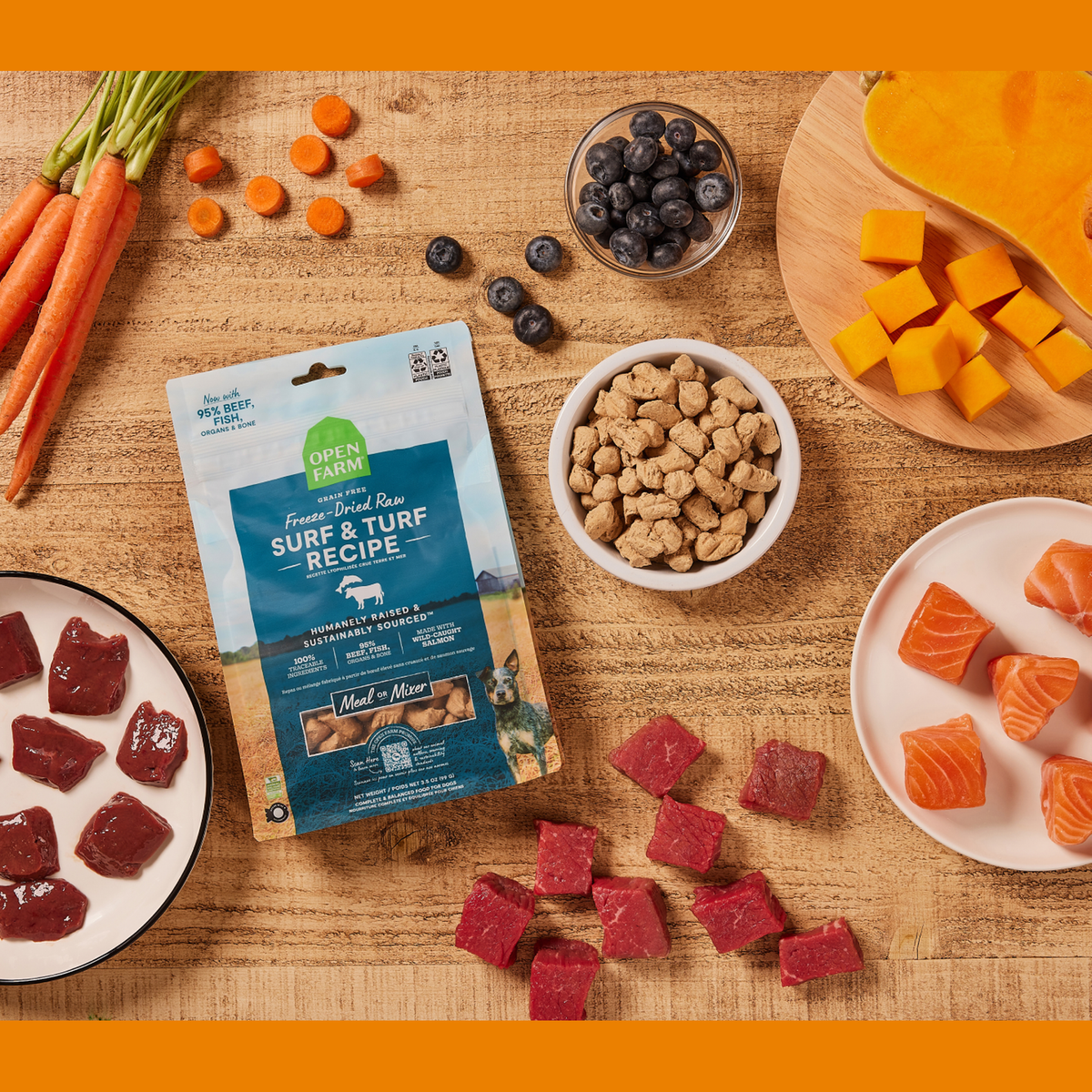 Open Farm Surf & Turf Freeze Dried Raw Morsels for Dogs -- dog eating open farm surf & turf freeze dried raw morsels from a bowl